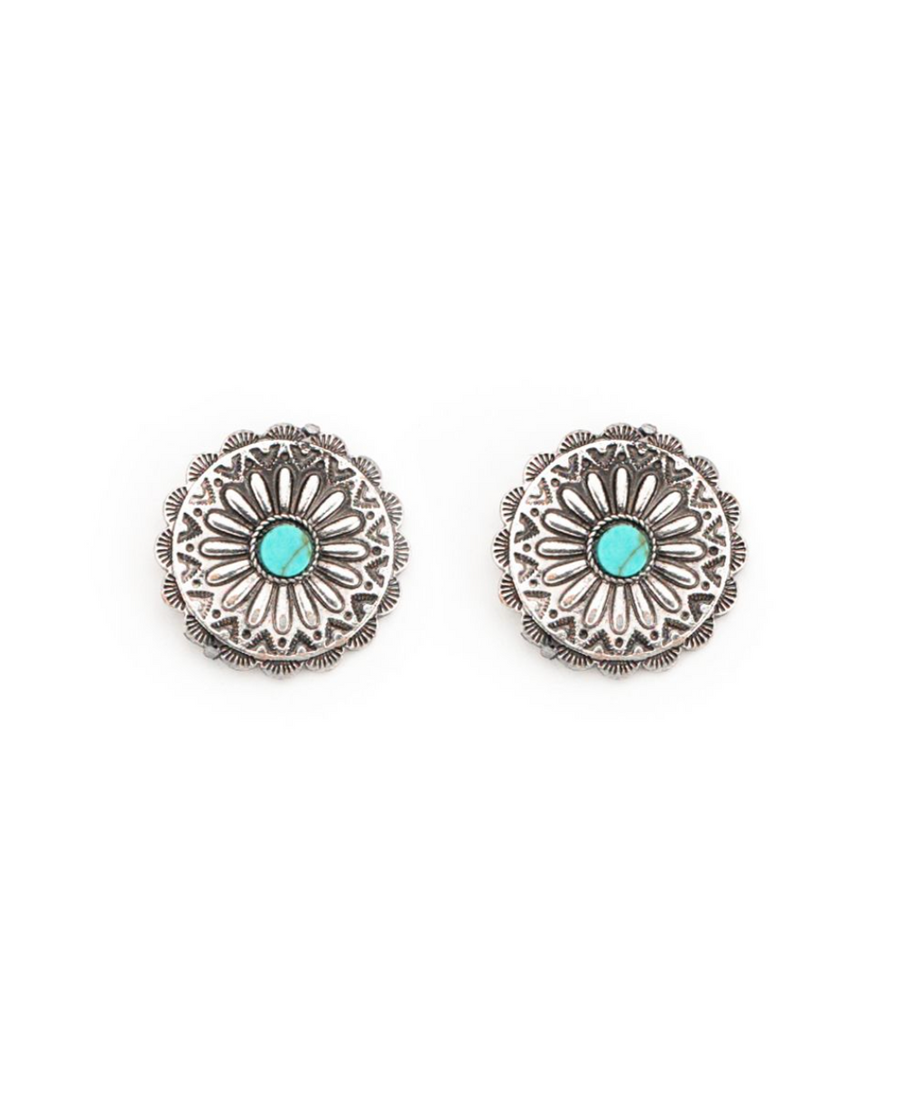 1" Burnished Silver Flower Concho Post Earring with Turquoise Accent