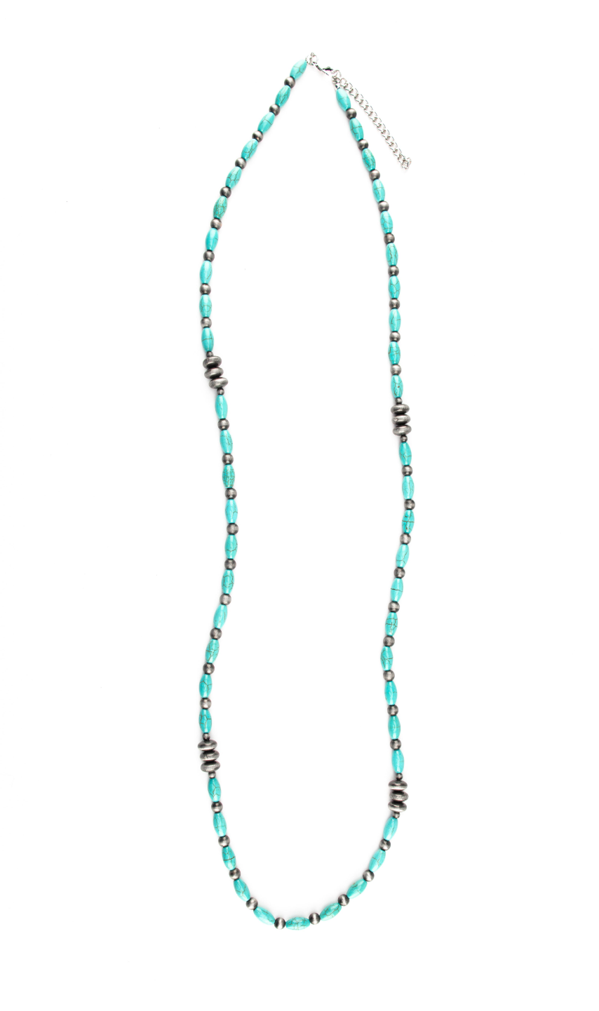 36" Green Turquoise and Faux Navajo Pearl Beaded Necklace with Faux Navajo Pearl Disc Accents