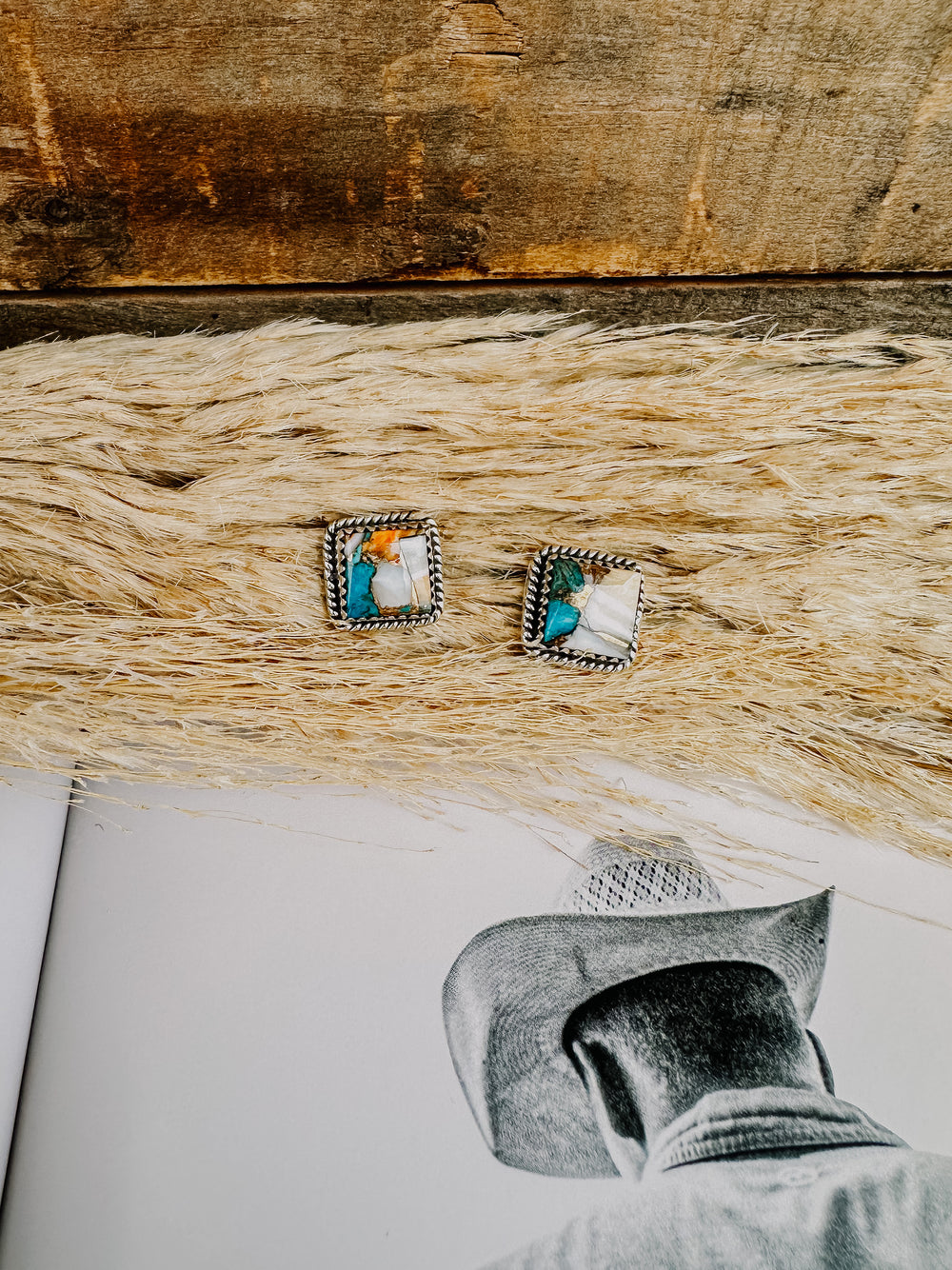Square Turquoise and Orange Spiny Composite Studs