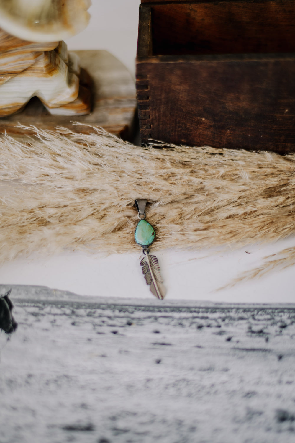 Oxidized Turquoise Feather Pendant