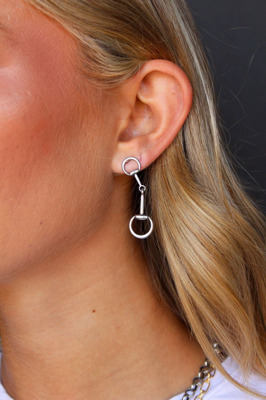 18K White Gold Plated Equestrian Bit Drop Post Earrings