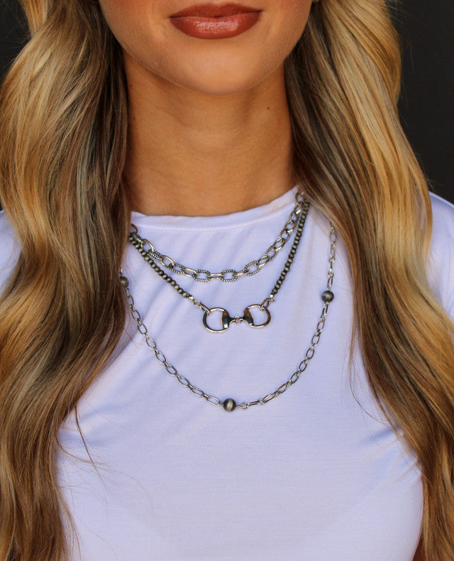 Burnished Silver Multi-Layer Necklace with Bit Pendant and Faux Navajo Pearl Accents