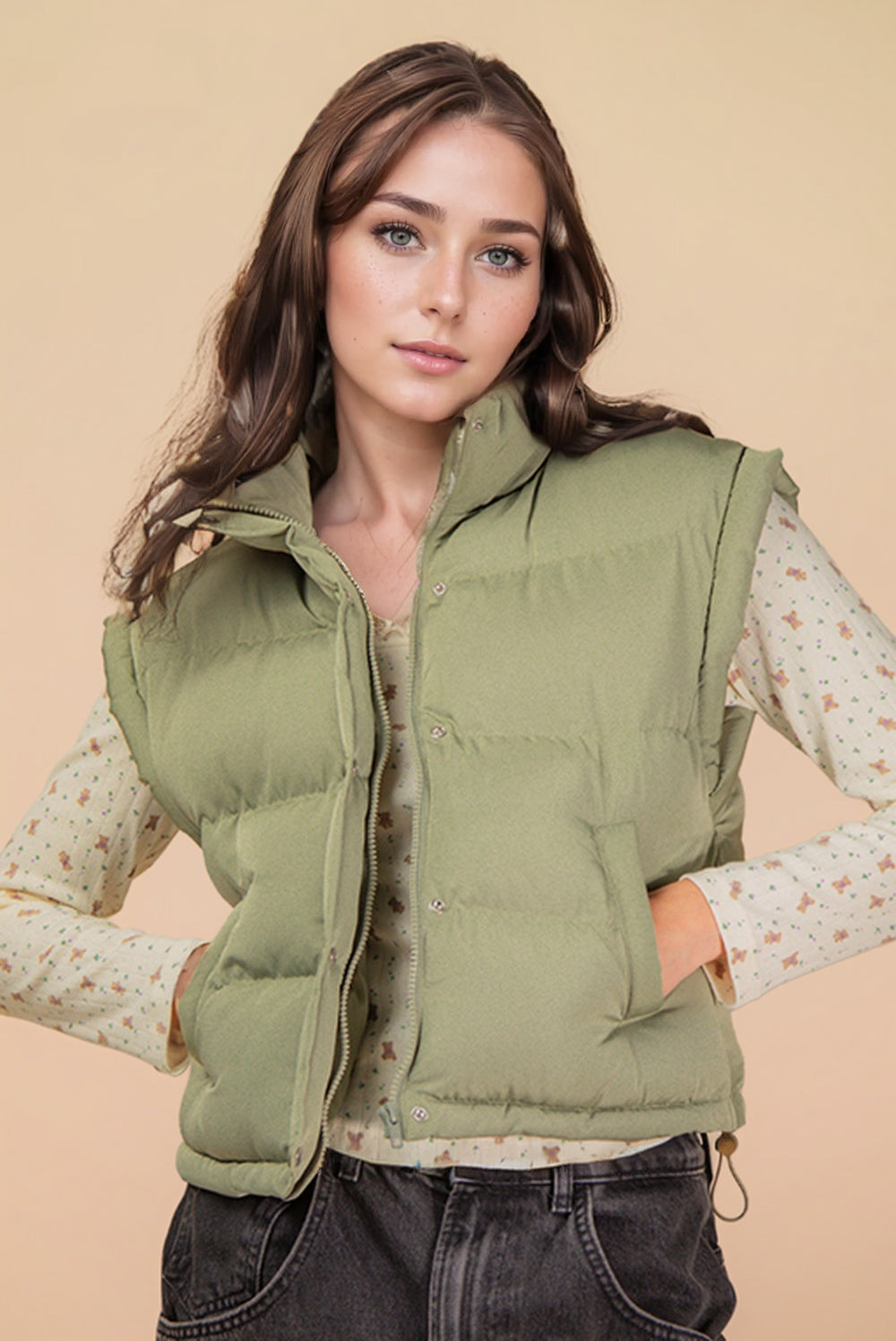 Sage Capped Sleeve Puffer Vest