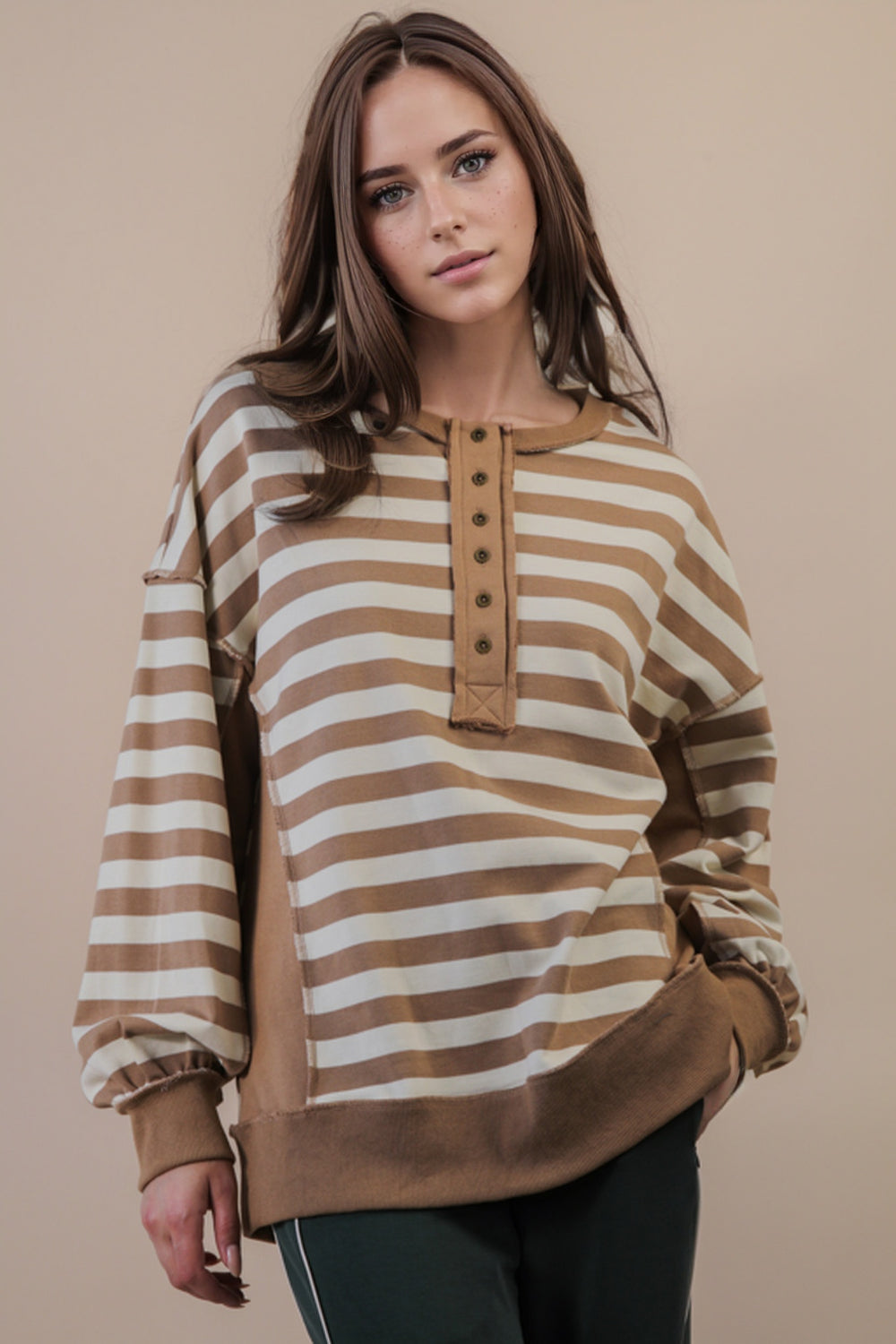 Cream And Taupe Striped Long Sleeve Top