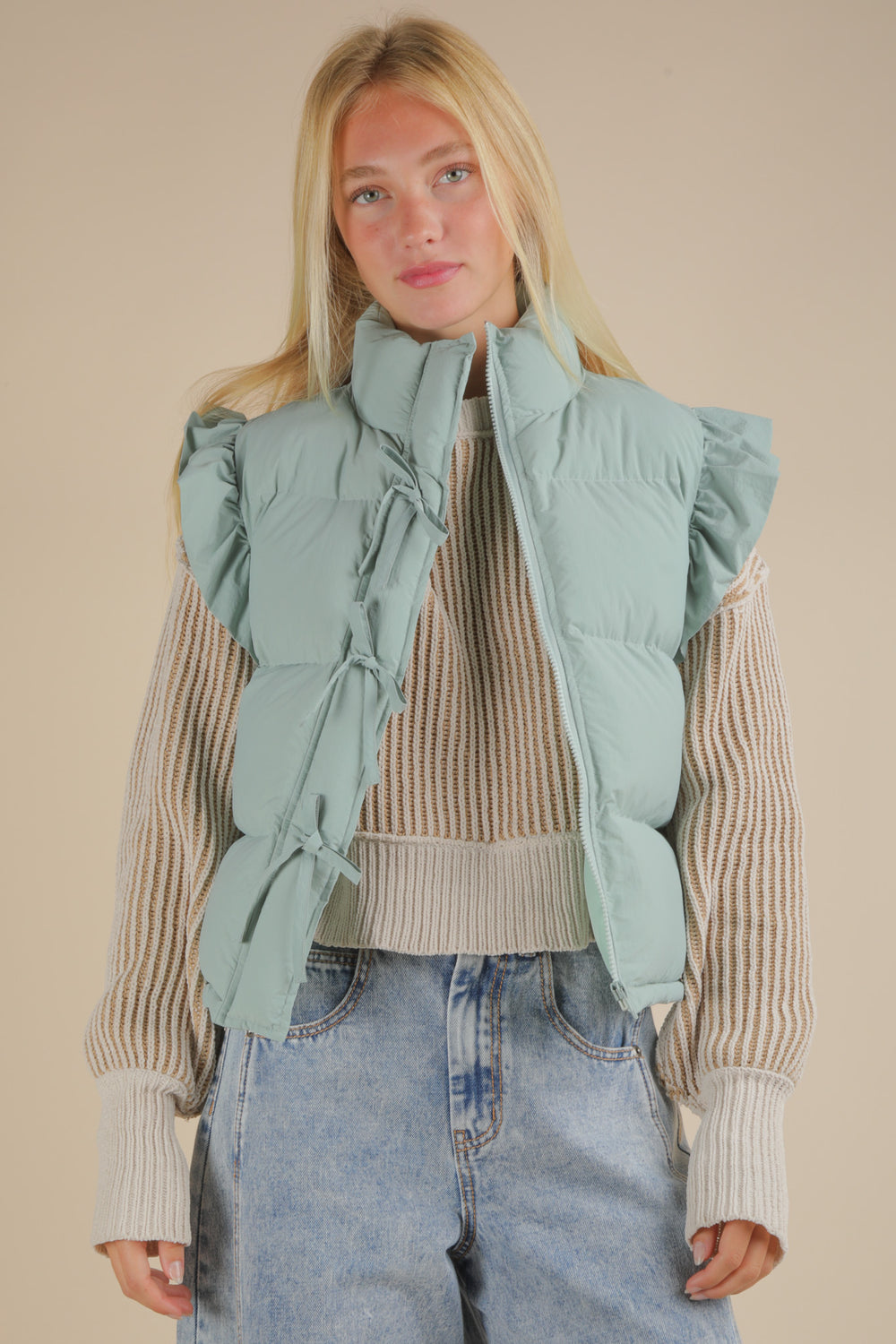 Sage Ruffle Sleeve Puffer Vest