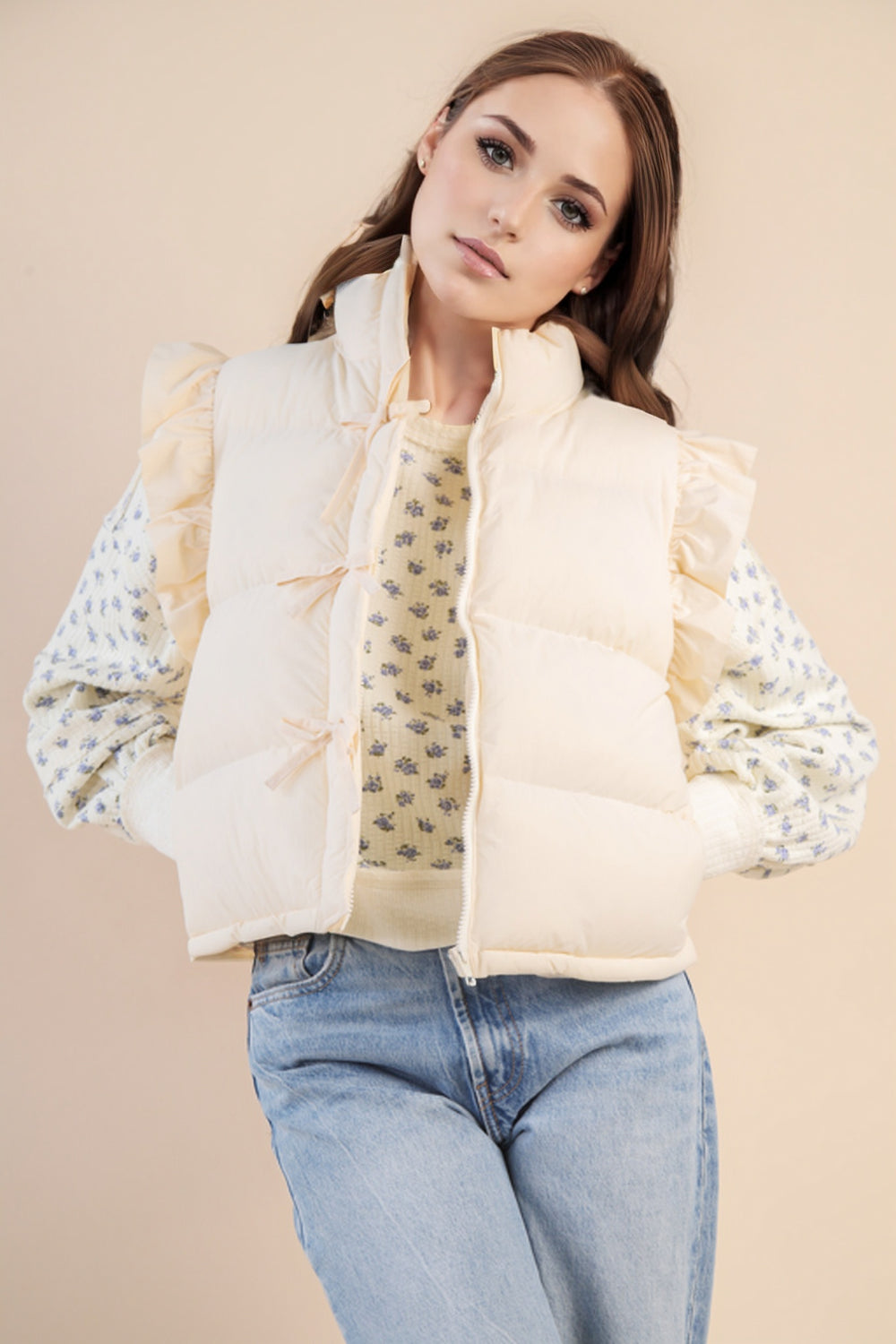 Cream Ruffle Sleeve Puffer Vest