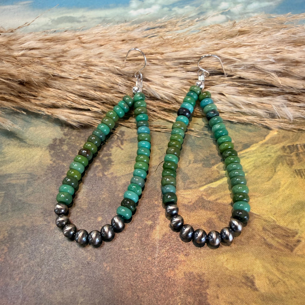 4mm Rolled Turquoise and Navajo Pearl Teardrop Earrings