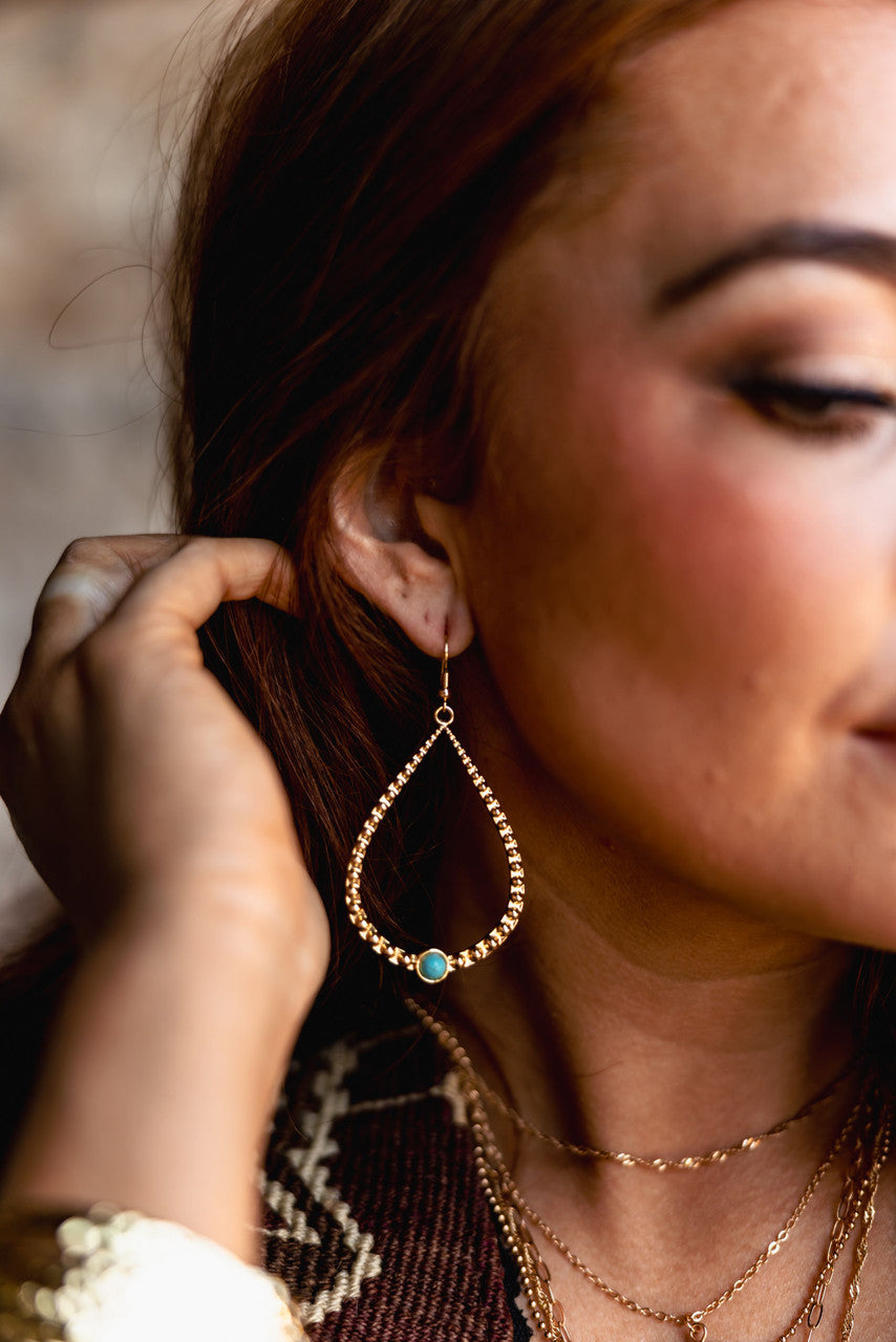 2.25" 18K Gold Plated Hammered Teardrop Earring on Fishook with Turquoise Accent