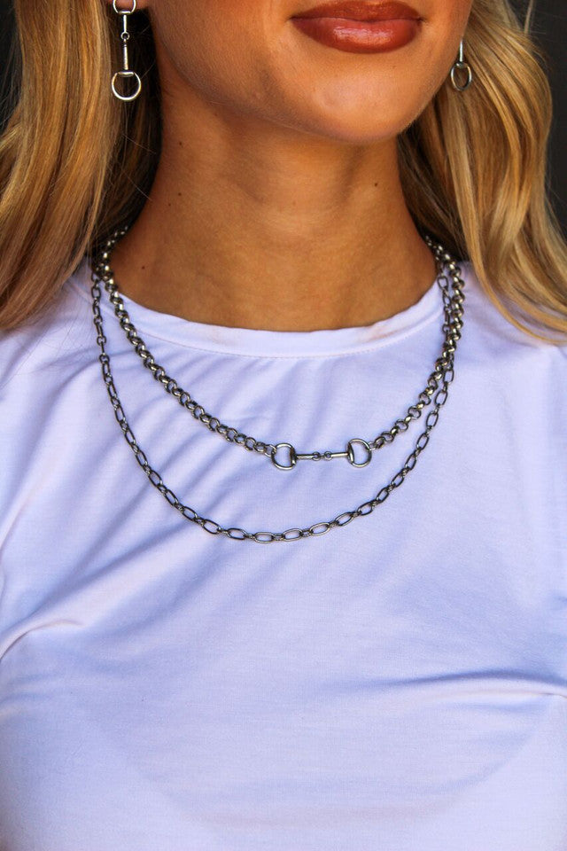 18" 18K White Gold Plated Layered Chain Necklace with Equestrian Bit Pendant