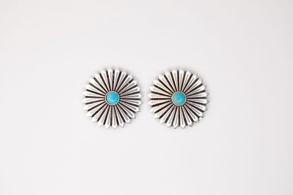1.25"" Burished Silver Burst Round Concho Post Earring with Turquoise accent in the center
