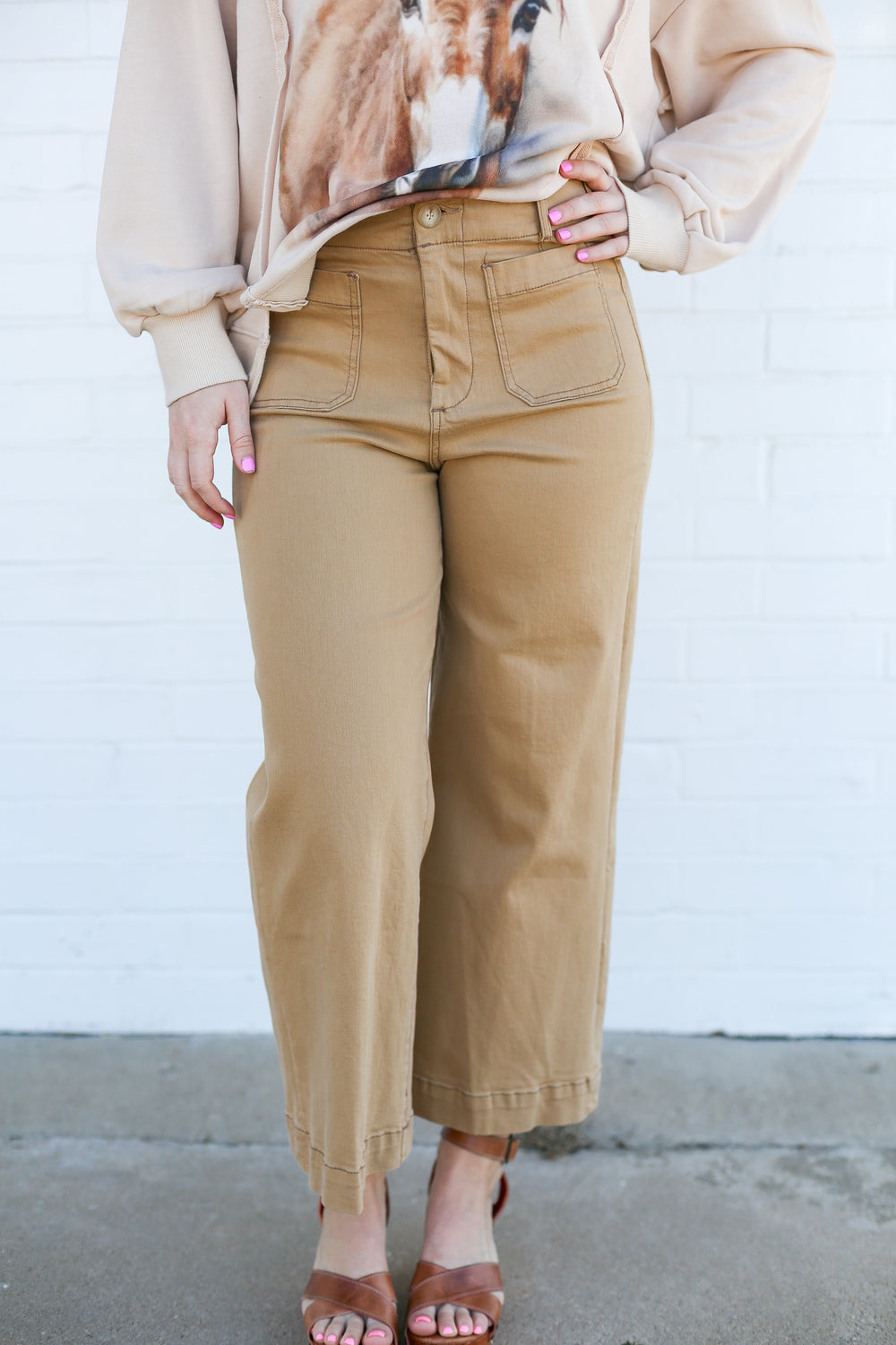 Audrey High Rise Cropped Hem Khaki Jeans