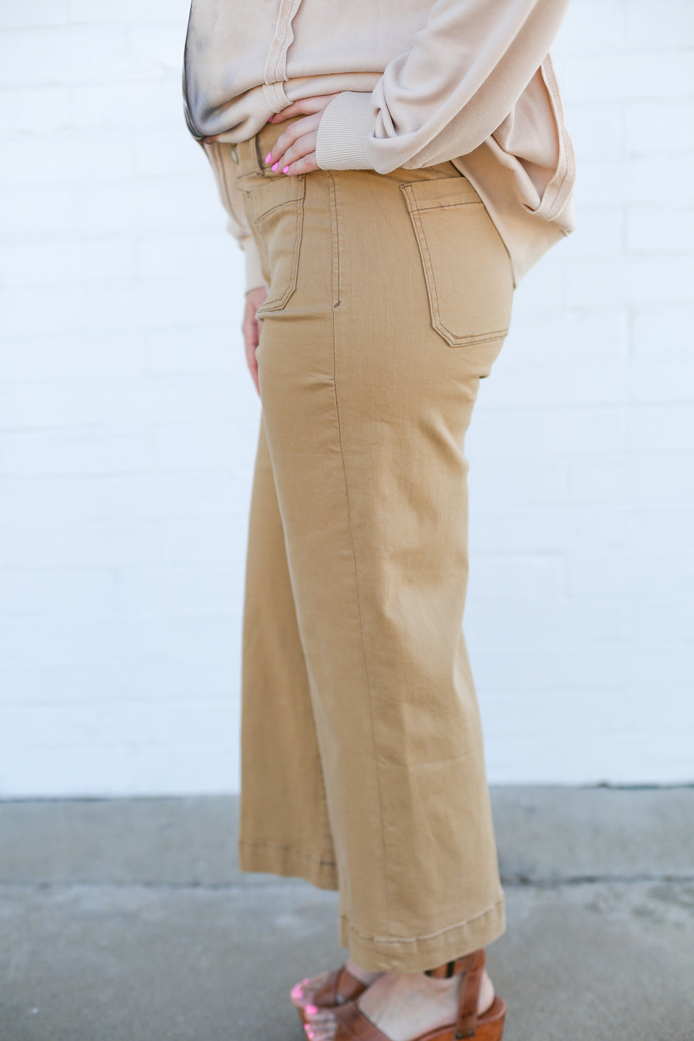 Audrey High Rise Cropped Hem Khaki Jeans