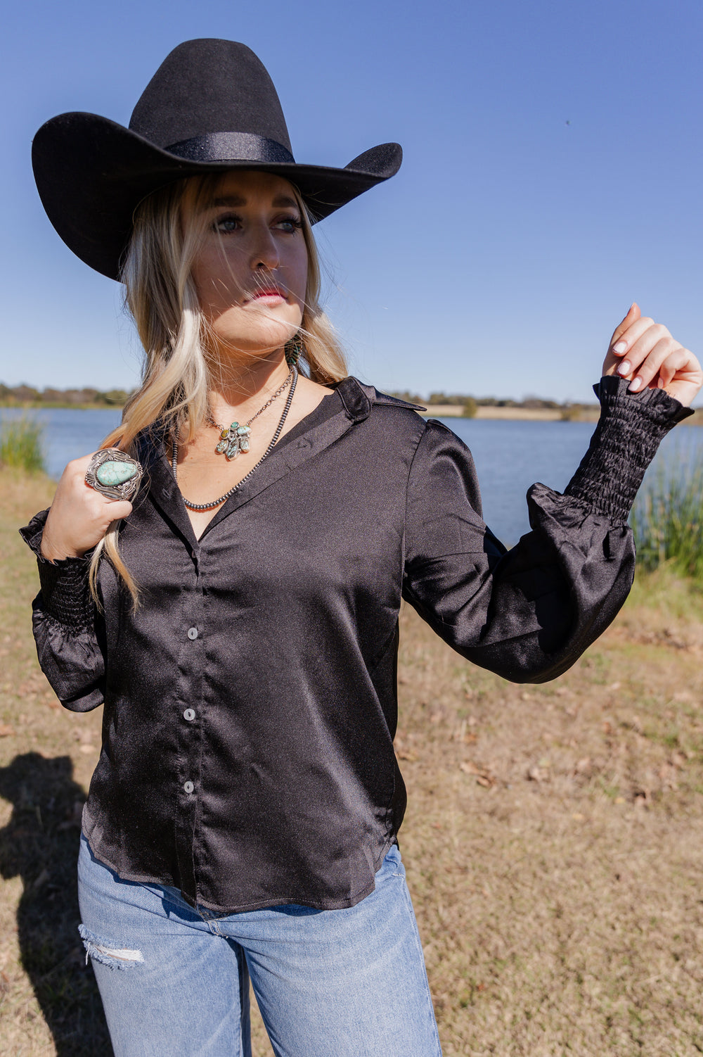 Black Long Sleeve Silk Button Down