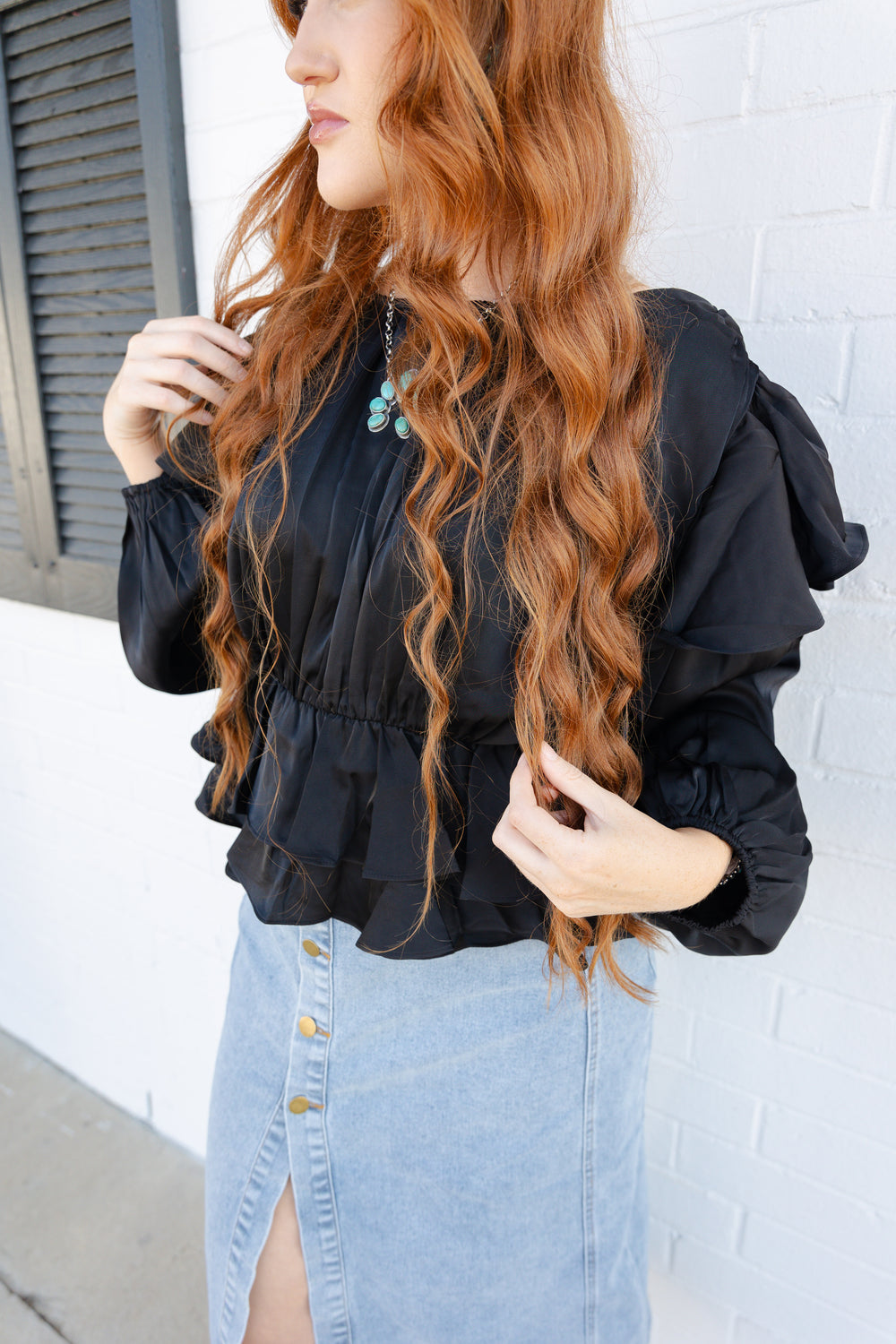 Black Ruffled Long Sleeve Shirt