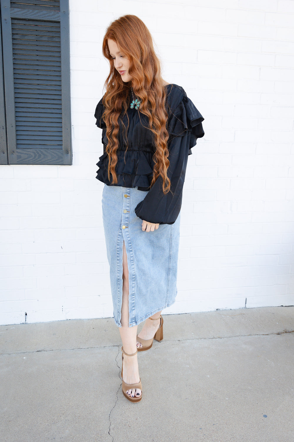 Black Ruffled Long Sleeve Shirt