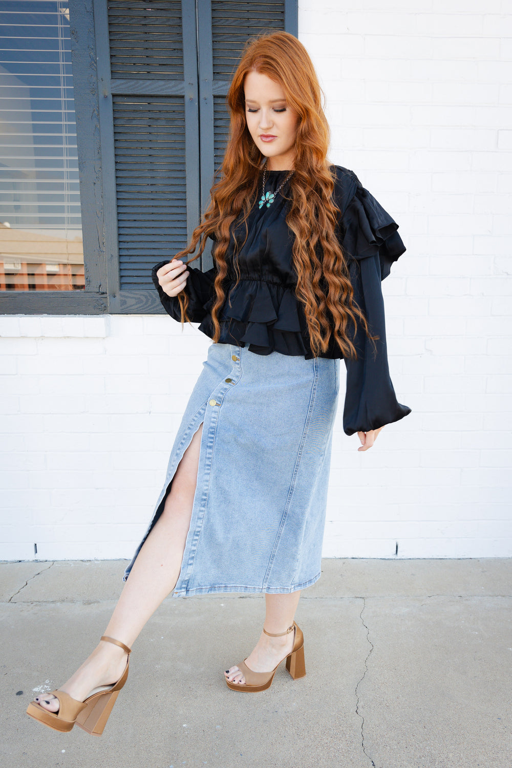 Black Ruffled Long Sleeve Shirt