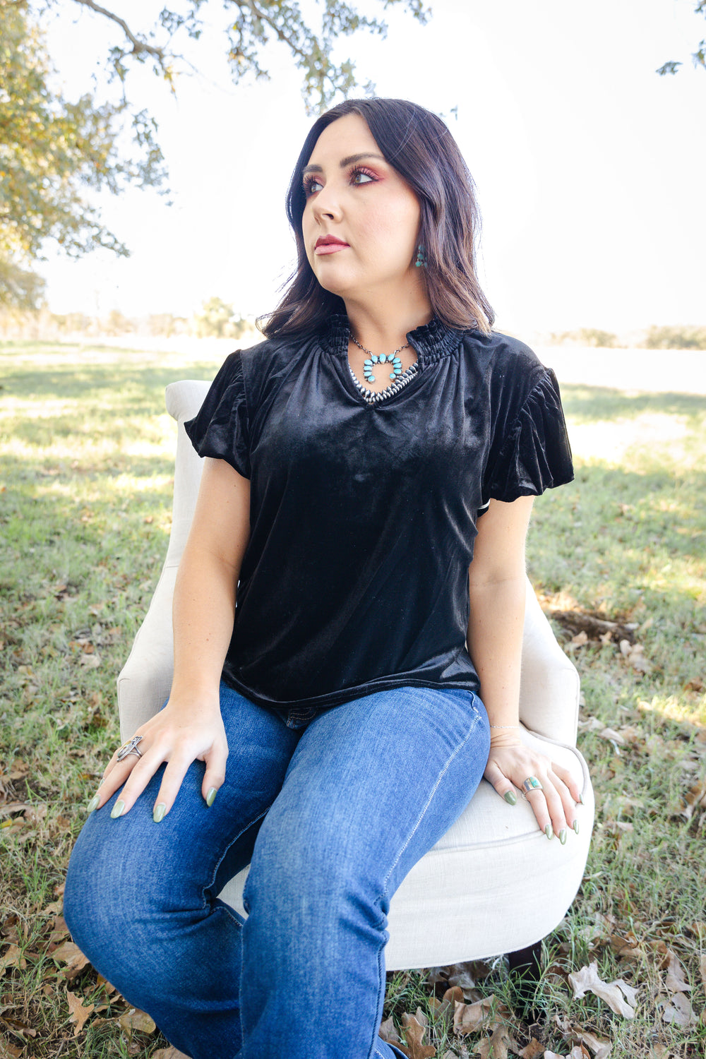 Black Velvet V Neck Blouse