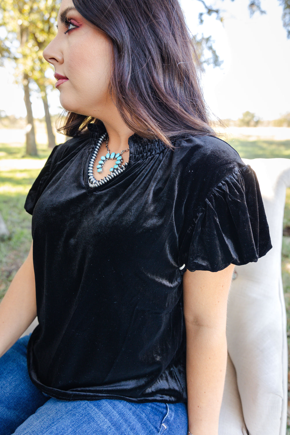 Black Velvet V Neck Blouse