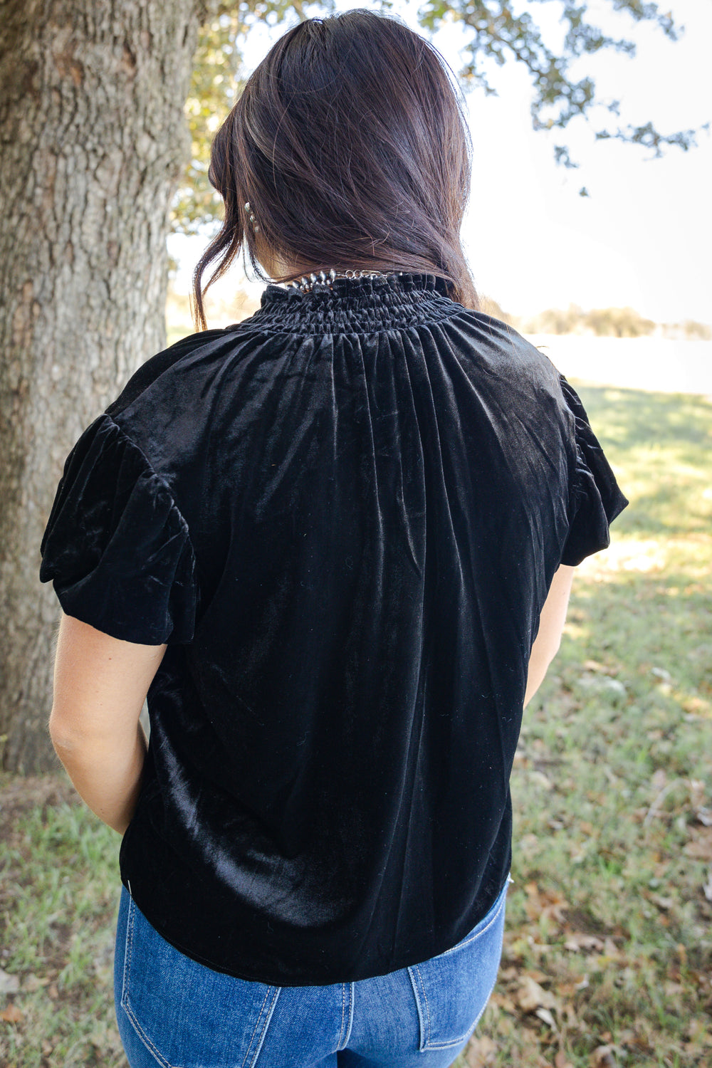 Black Velvet V Neck Blouse