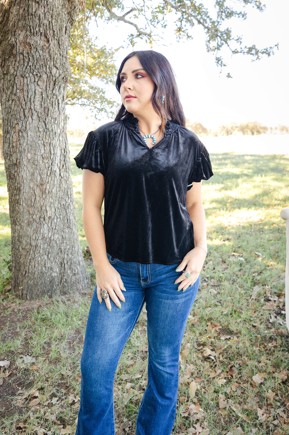 Black Velvet V Neck Blouse