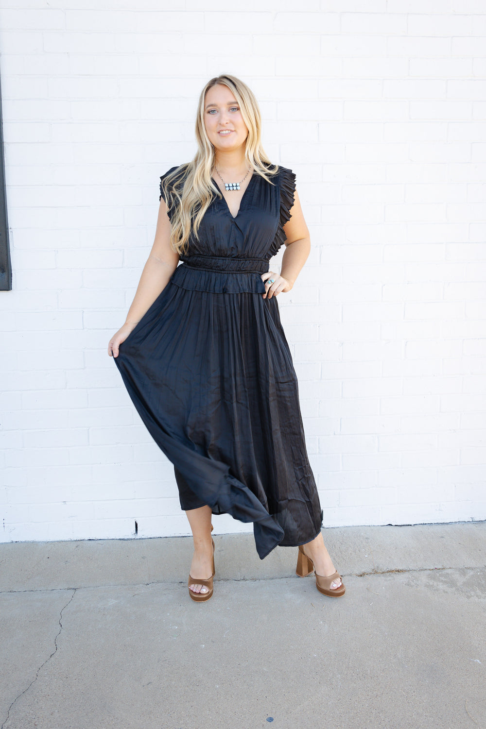 Black V Neck Pleated Dress