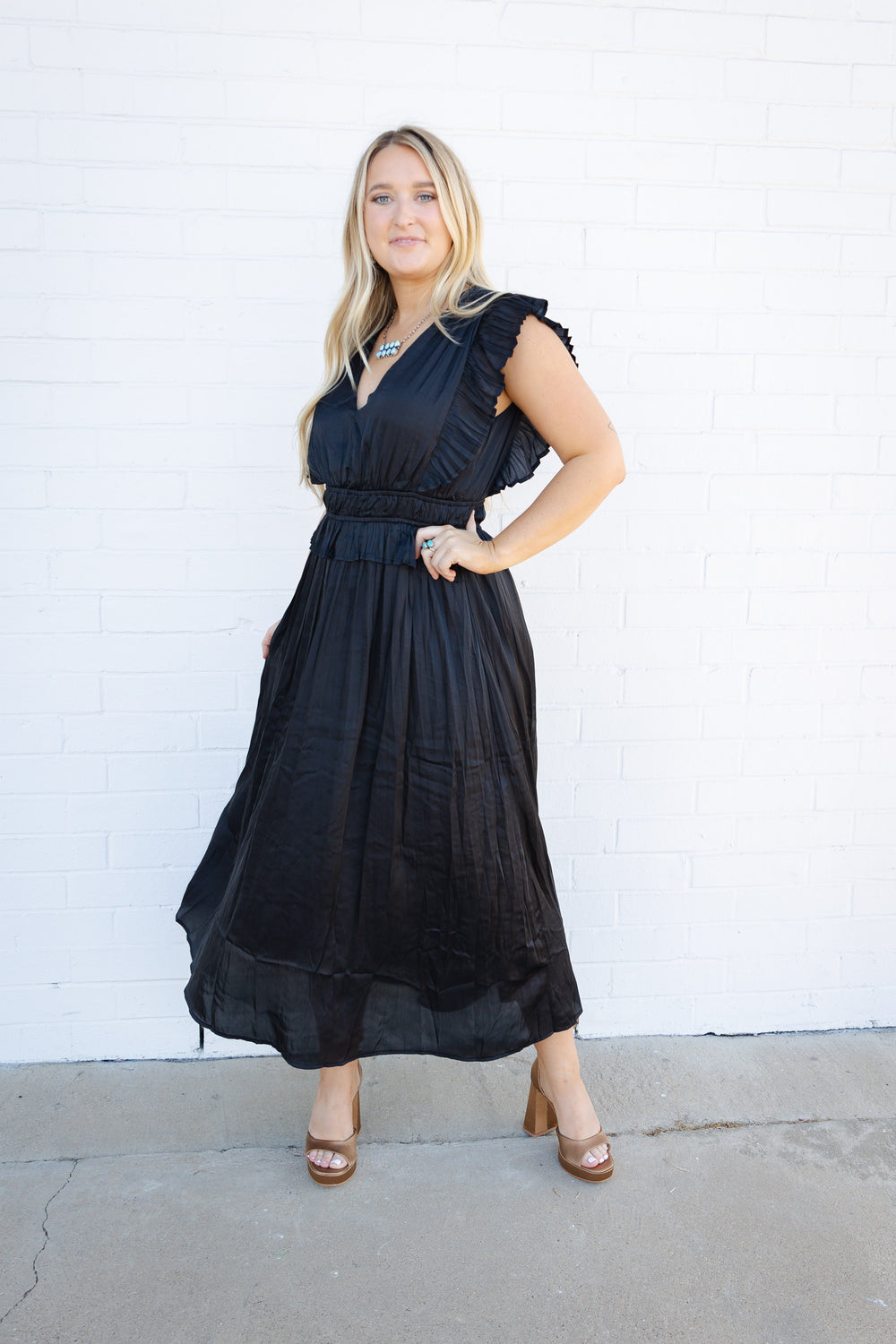 Black V Neck Pleated Dress