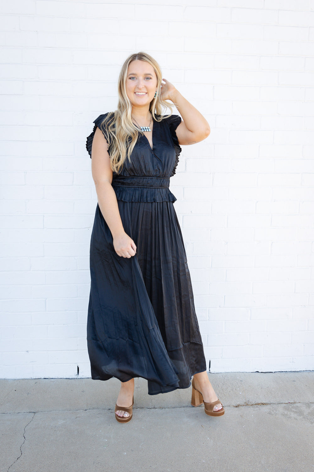 Black V Neck Pleated Dress