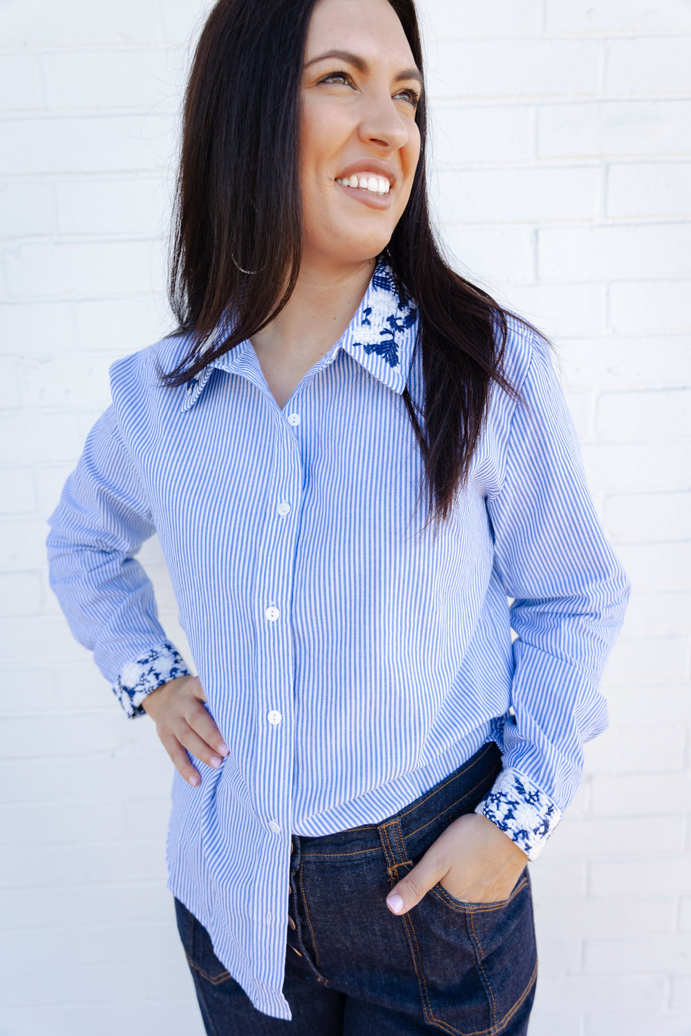 Blue Embroidered Stripe Button Down