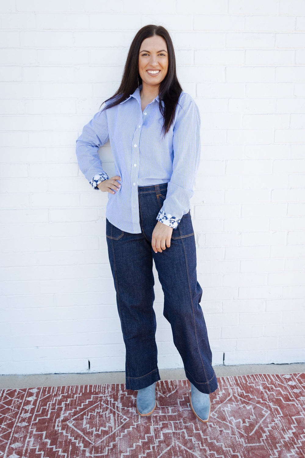 Blue Embroidered Stripe Button Down