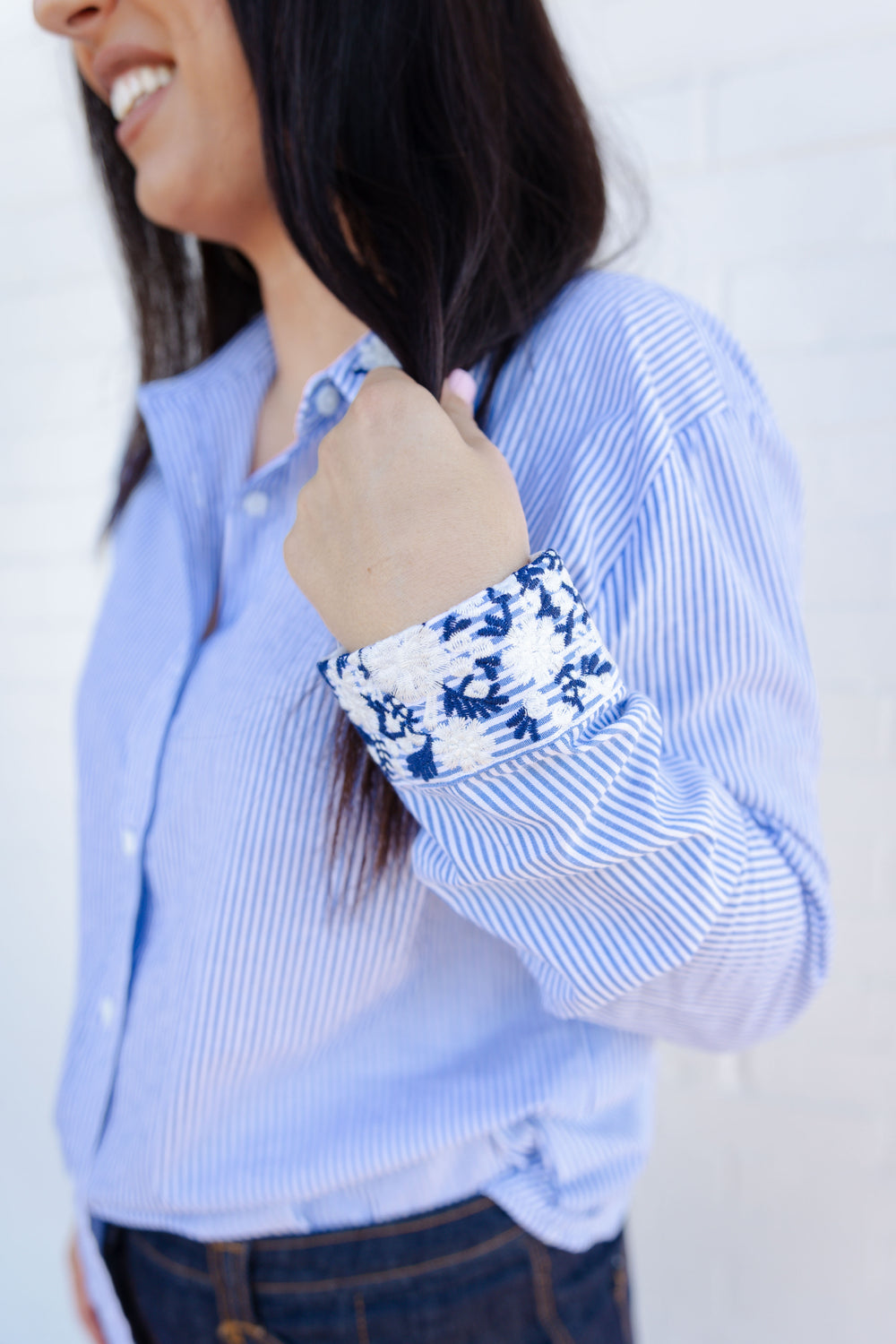 Blue Embroidered Stripe Button Down