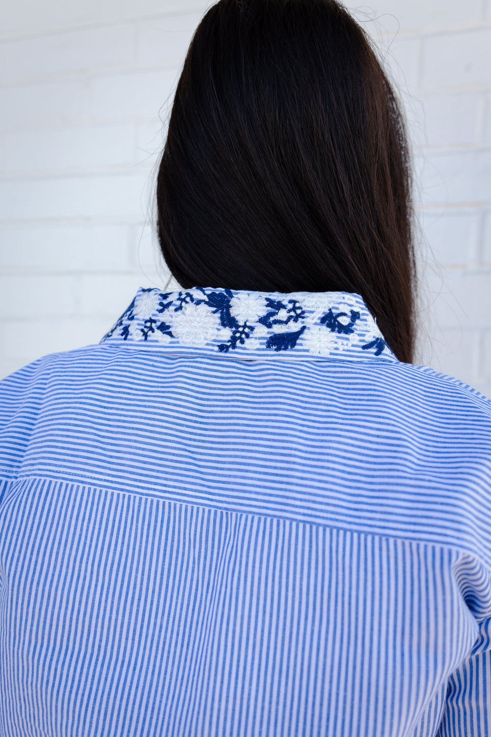 Blue Embroidered Stripe Button Down