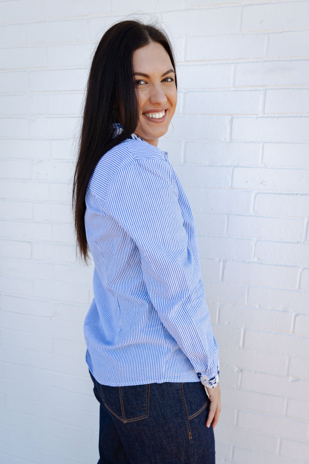 Blue Embroidered Stripe Button Down