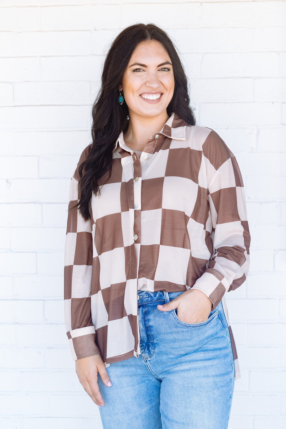 Brown Check Mesh Button Down