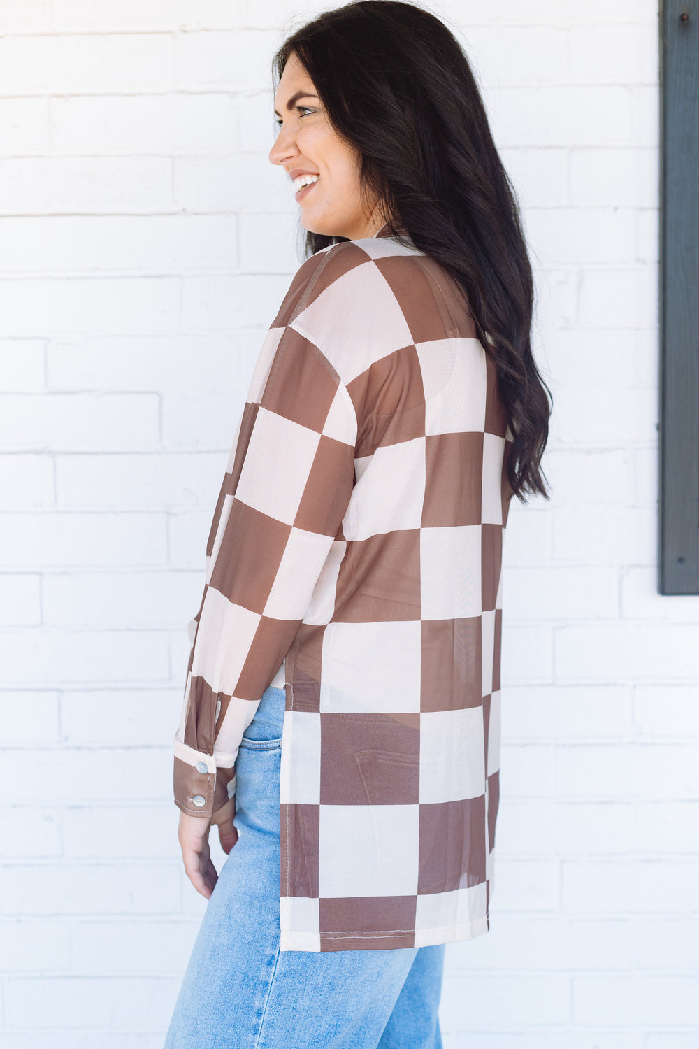 Brown Check Mesh Button Down