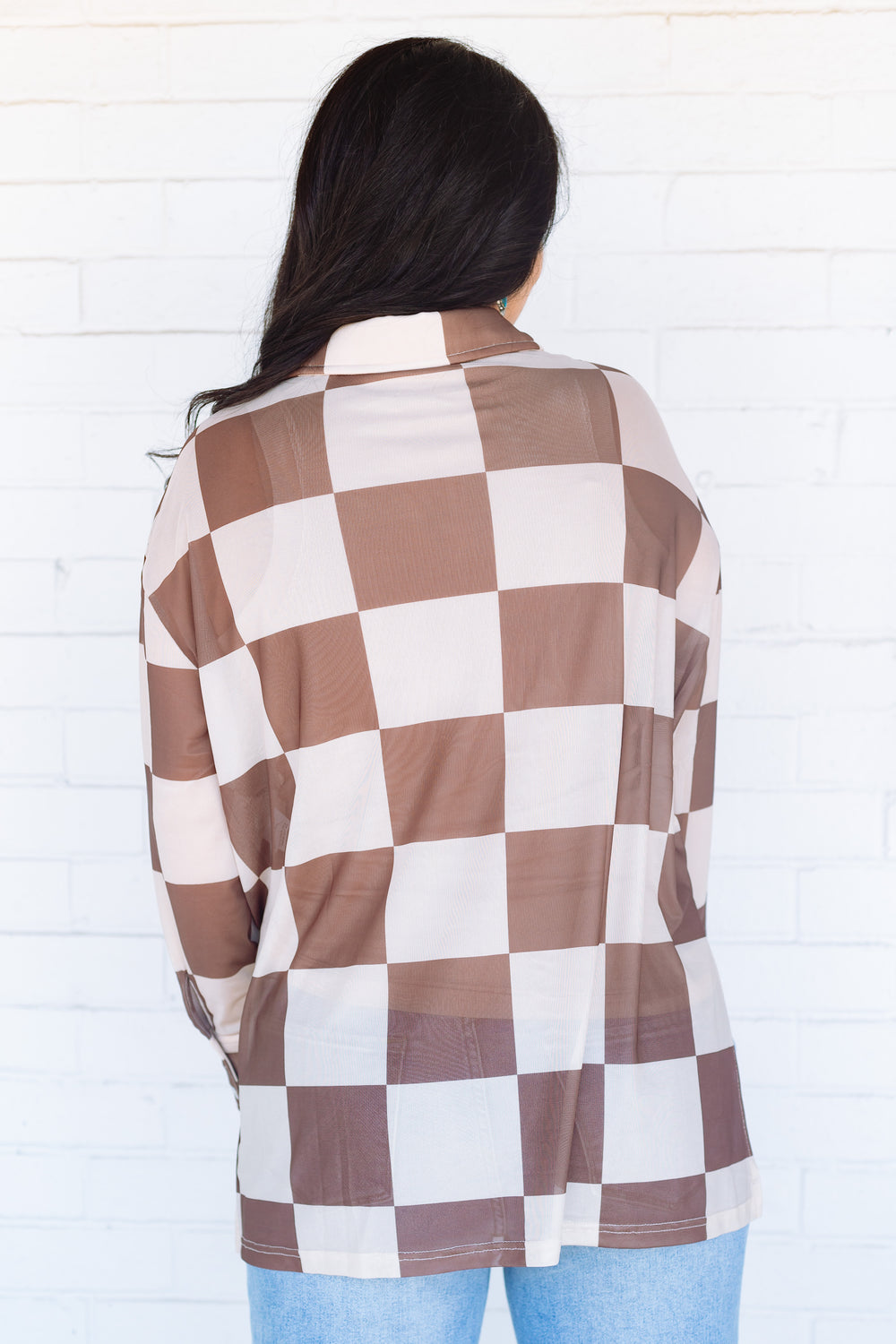 Brown Check Mesh Button Down