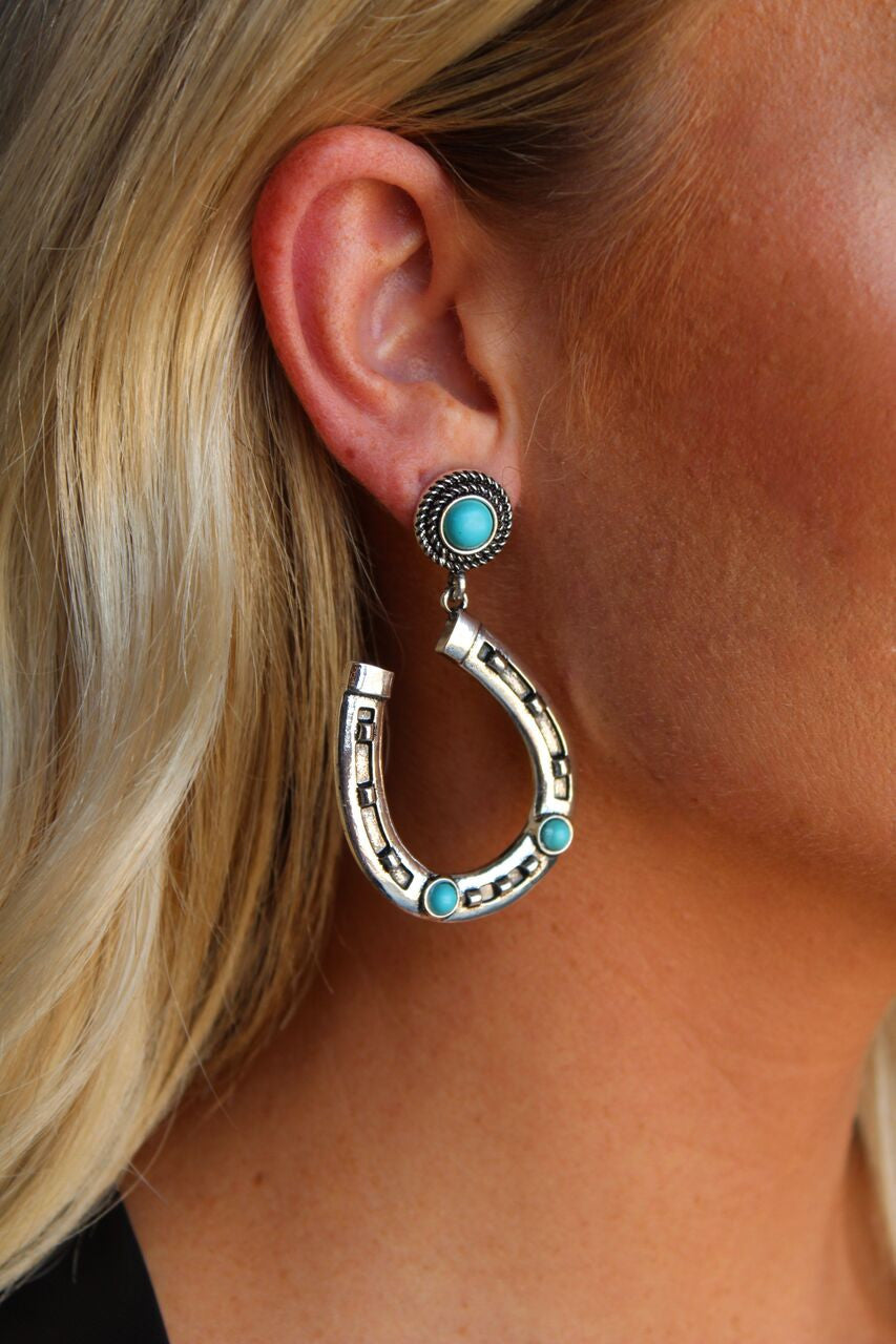 2.5" Burnished Silver and Turquoise Horseshoe Earring