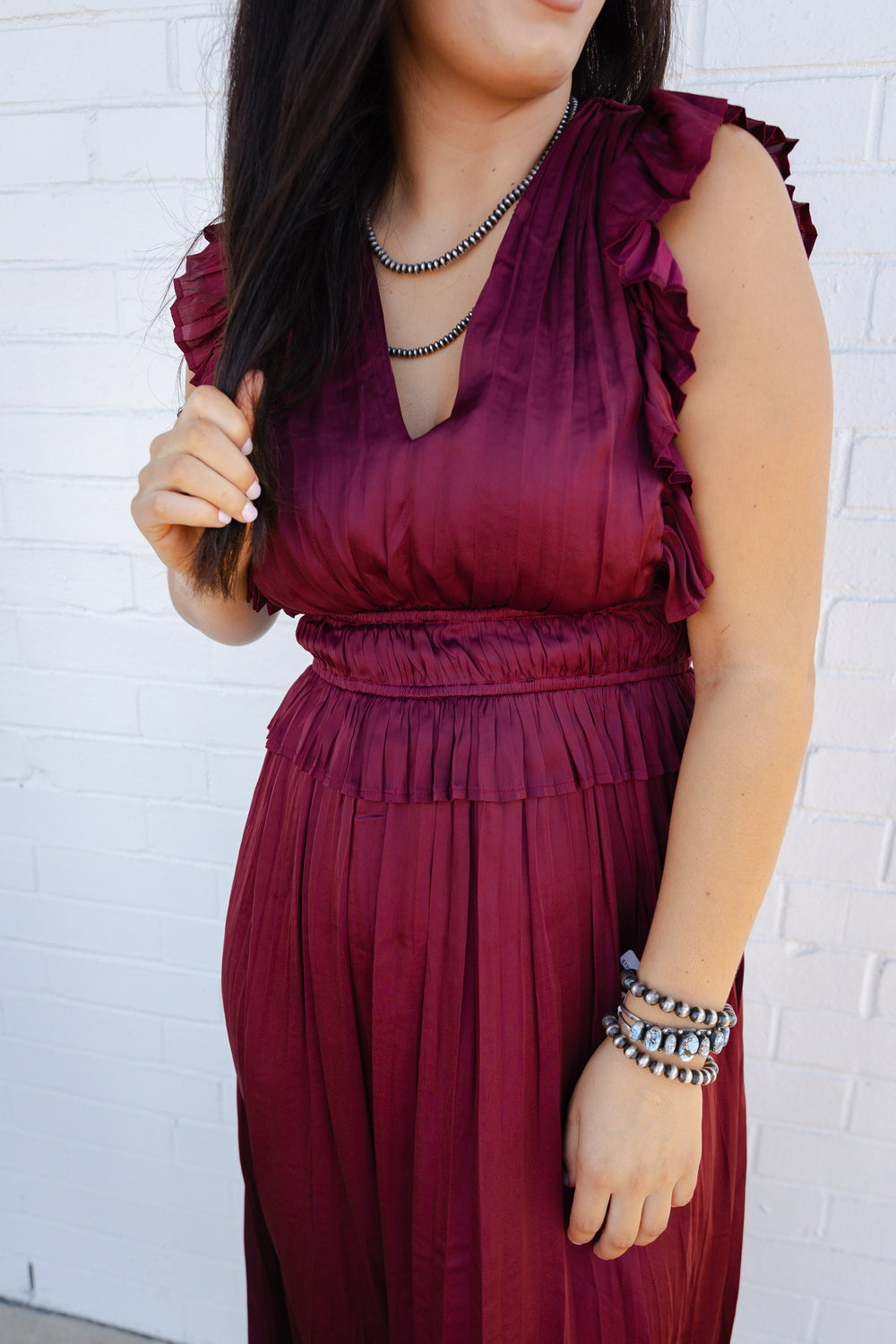 Burgundy V Neck Pleated Dress