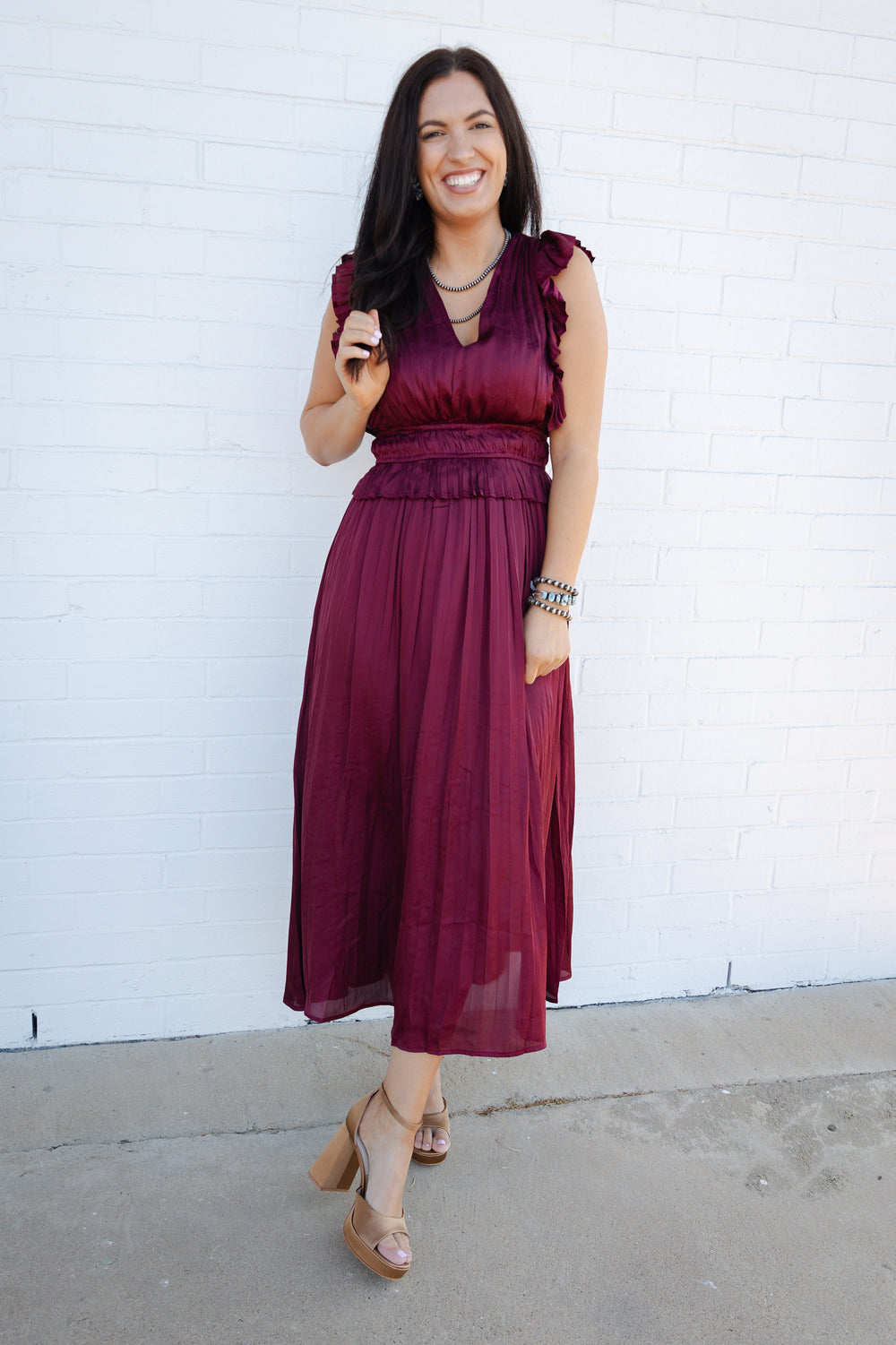 Burgundy V Neck Pleated Dress