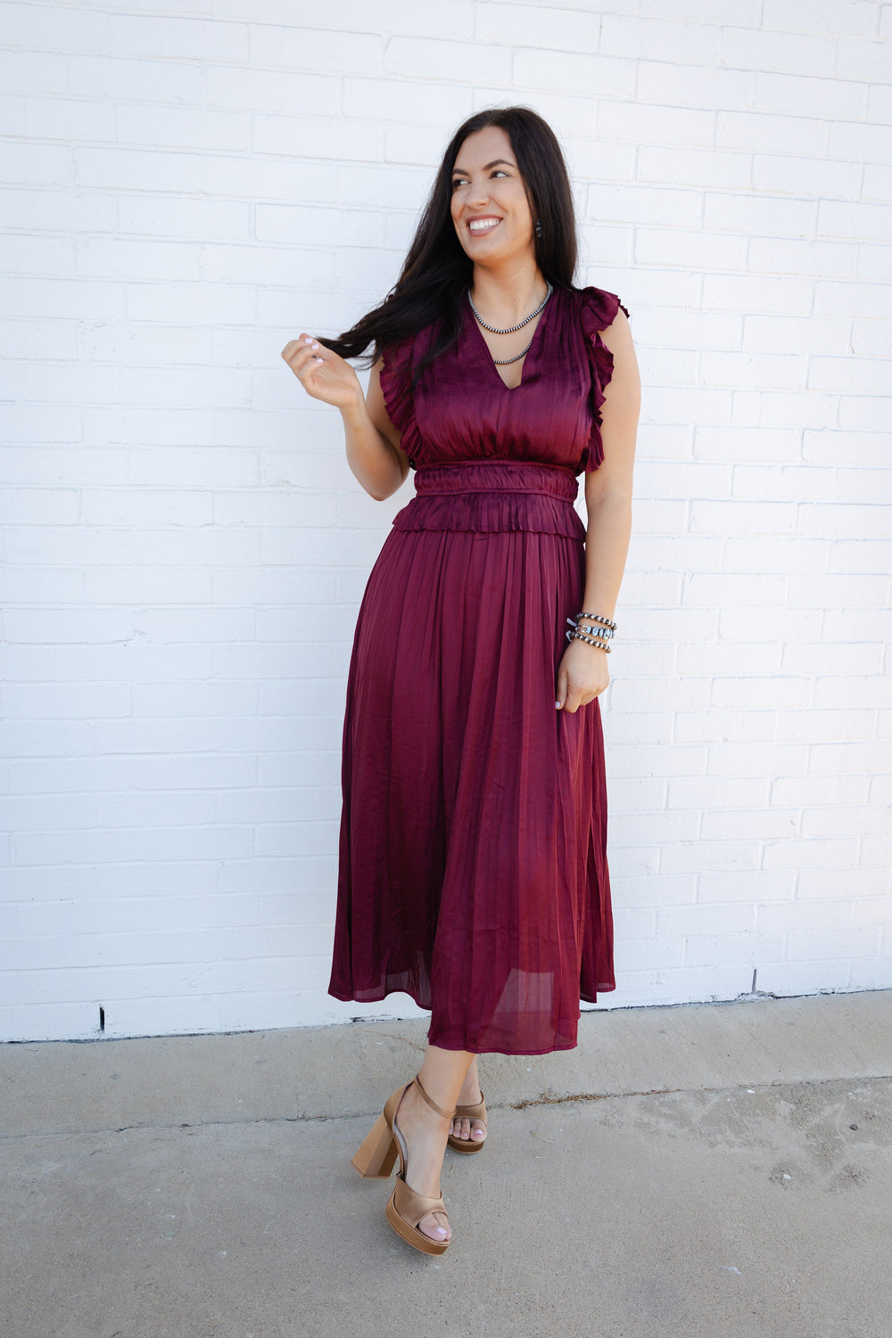 Burgundy V Neck Pleated Dress