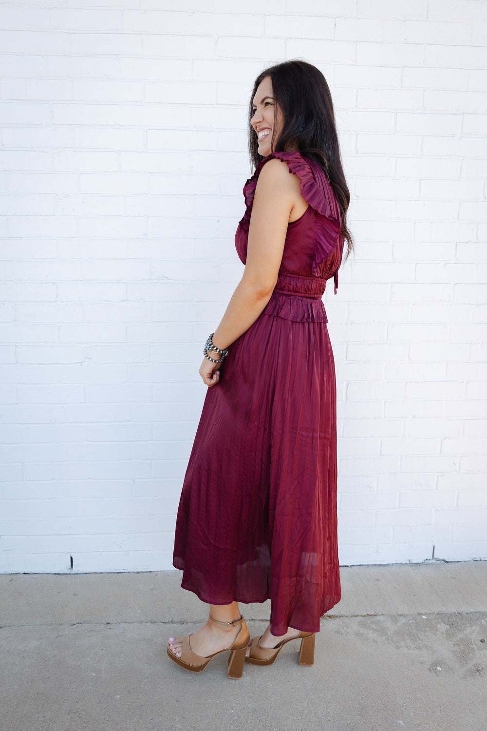 Burgundy V Neck Pleated Dress