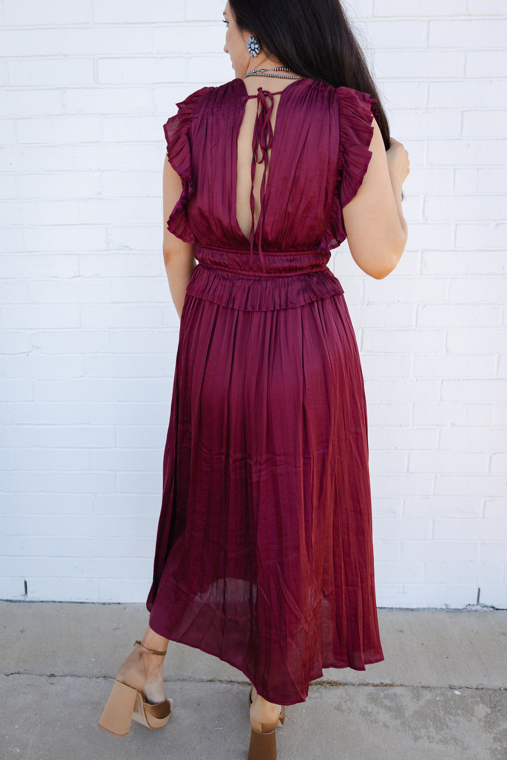 Burgundy V Neck Pleated Dress