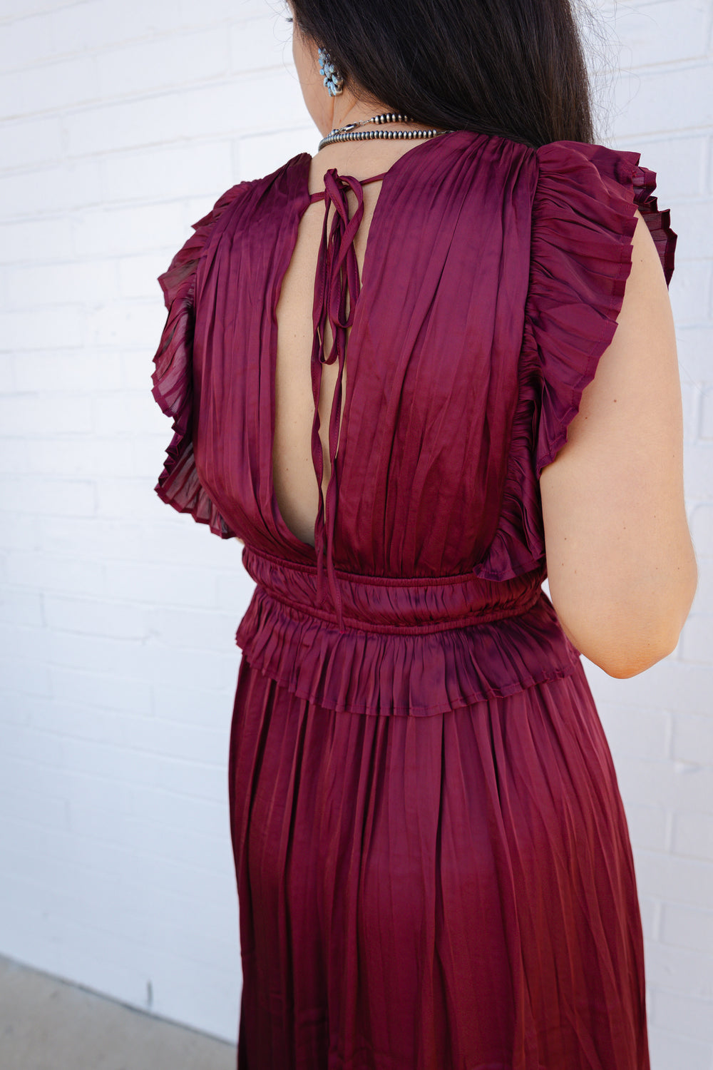 Burgundy V Neck Pleated Dress