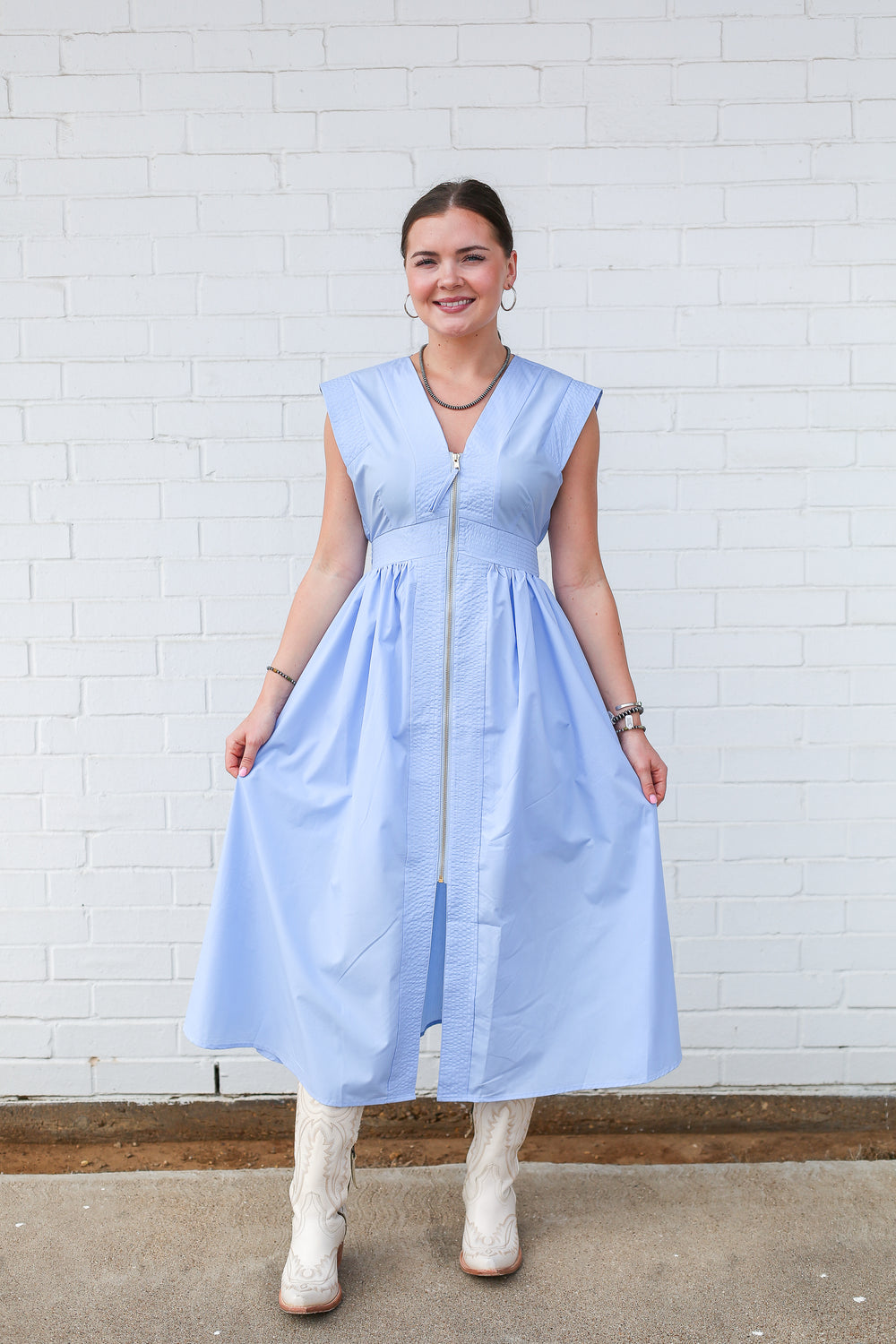 Baby Blue Front Zip Jolene Midi Dress