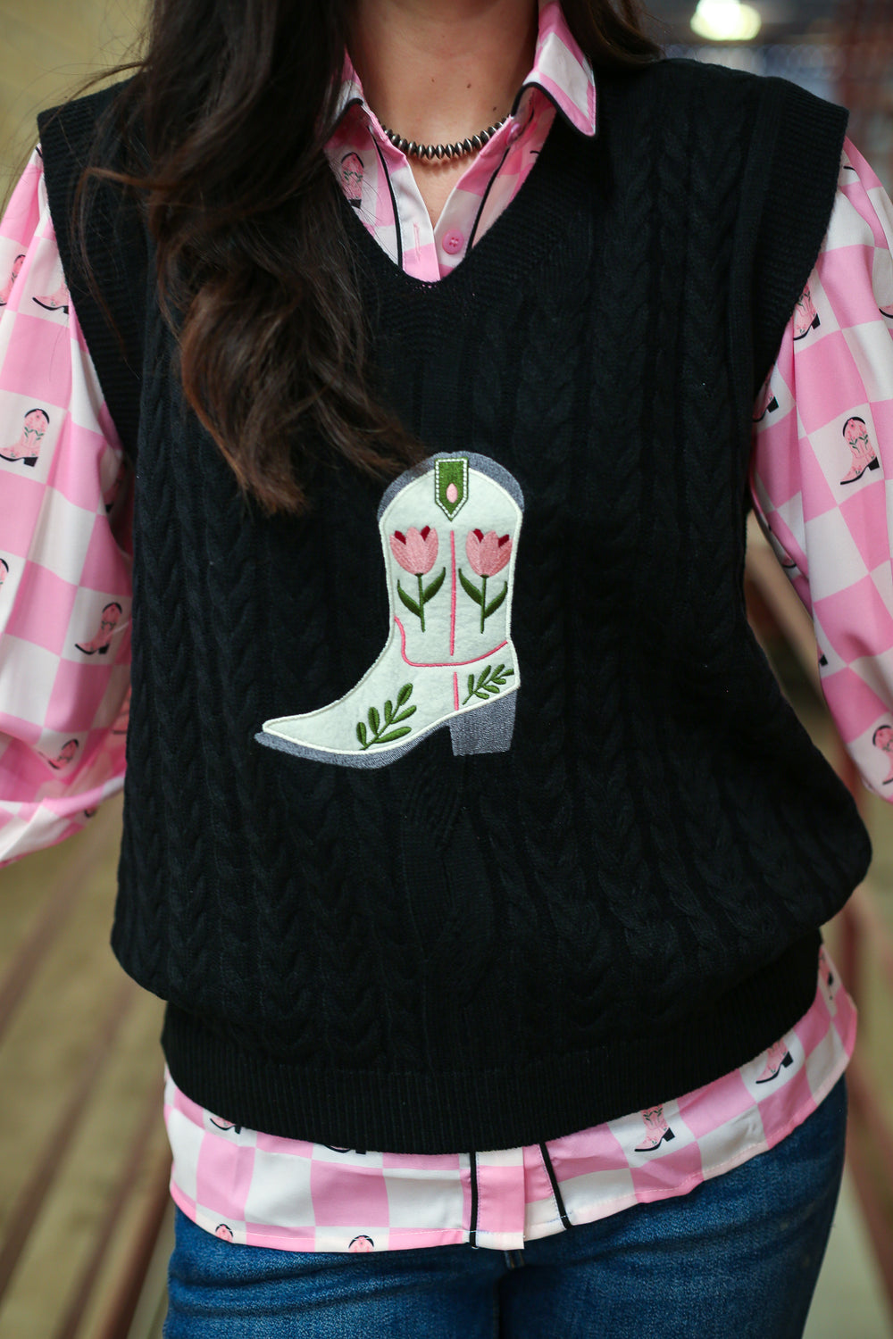 Black Boots & Blooms Sweater Vest