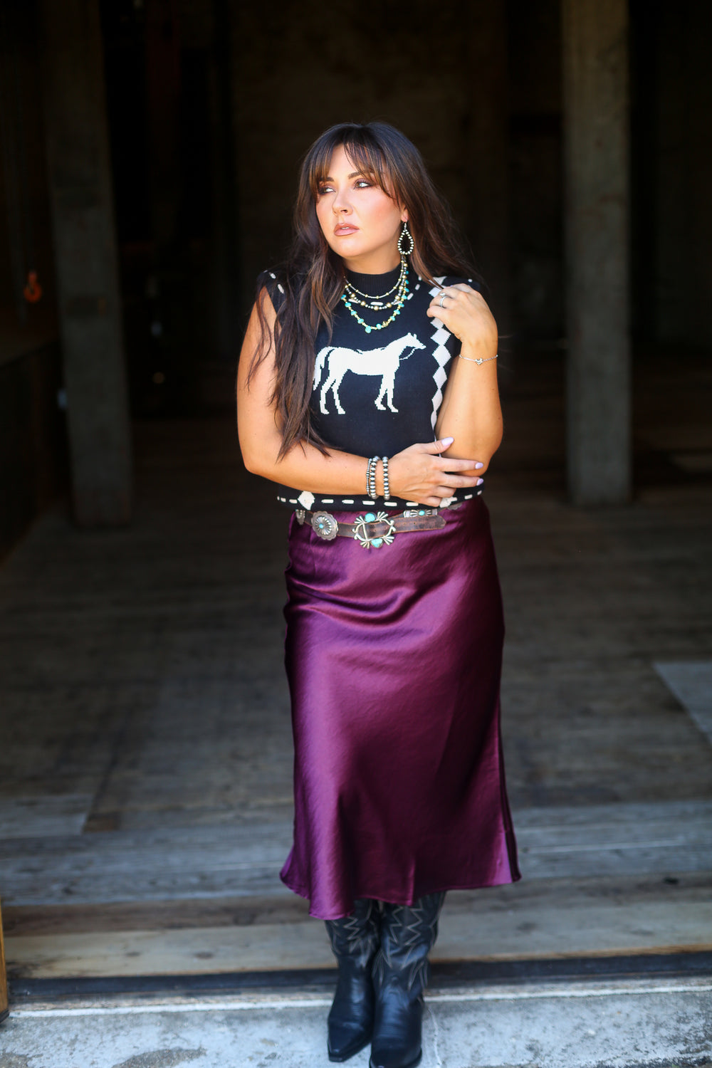 Black Buckstitch Horse Sleeveless Sweater