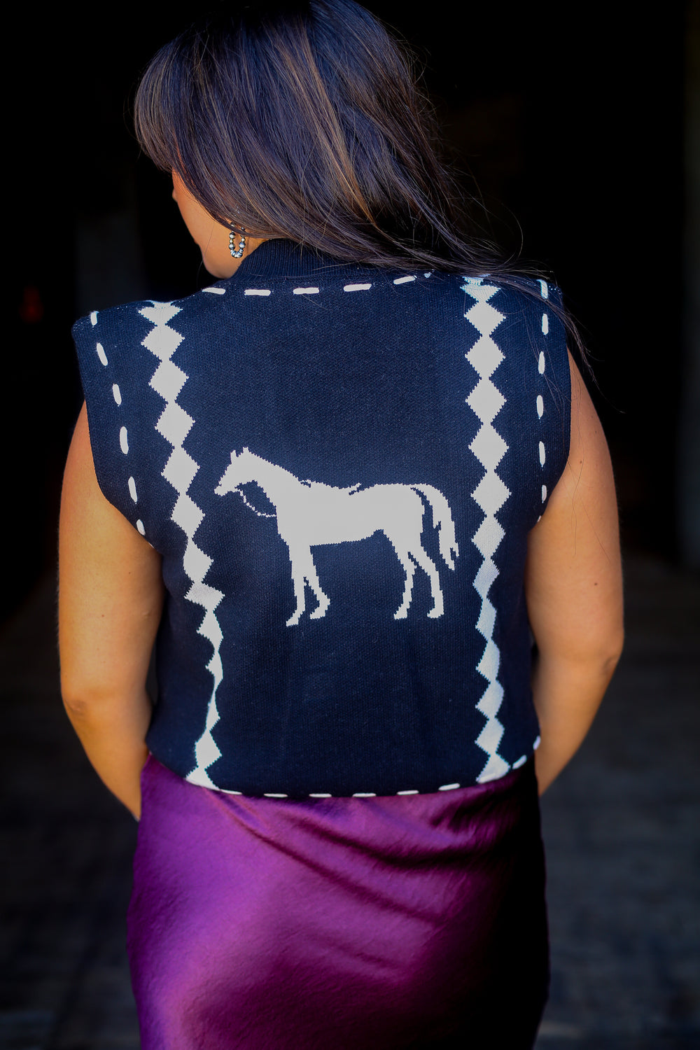 Black Buckstitch Horse Sleeveless Sweater