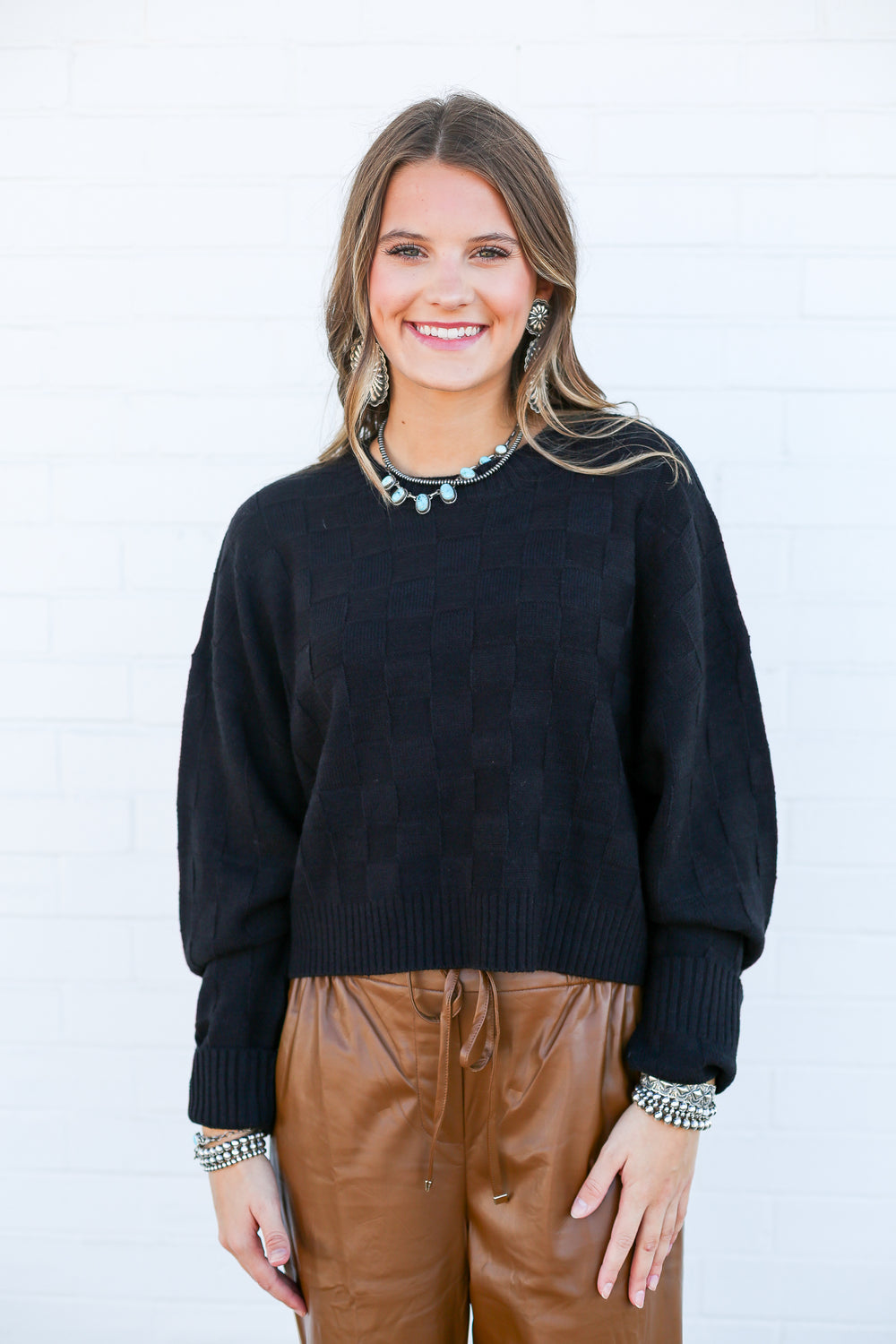 Black Checkered Crop Knit Sweater