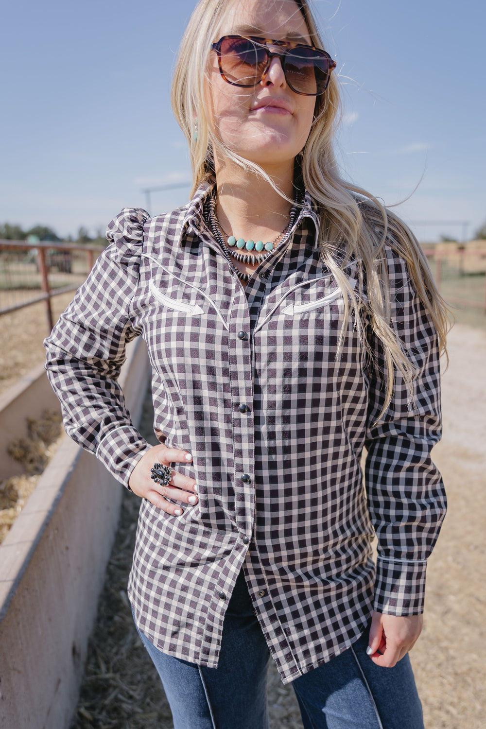 Black Gingham Puff Sleeve Pearl Snap