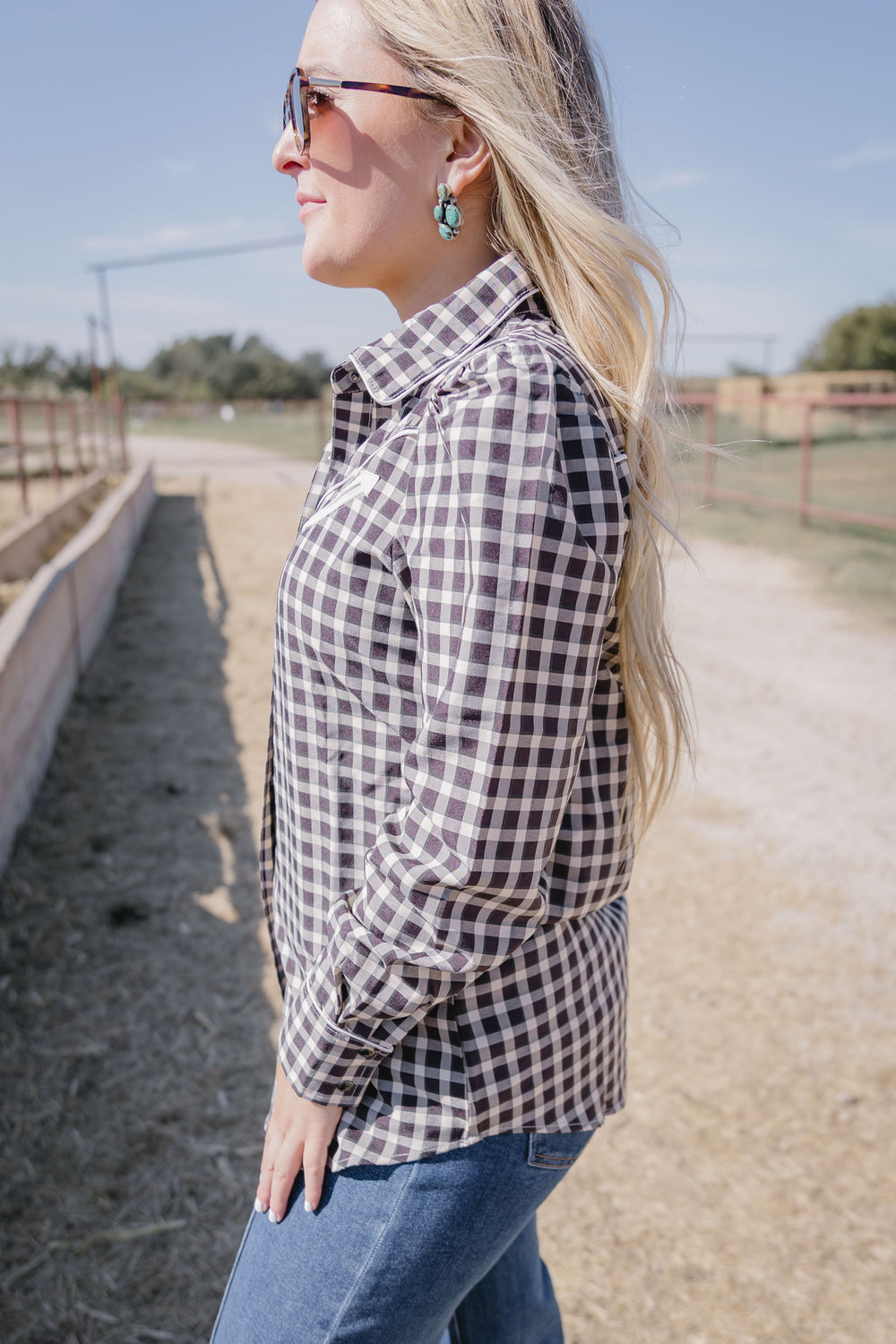 Black Gingham Puff Sleeve Pearl Snap