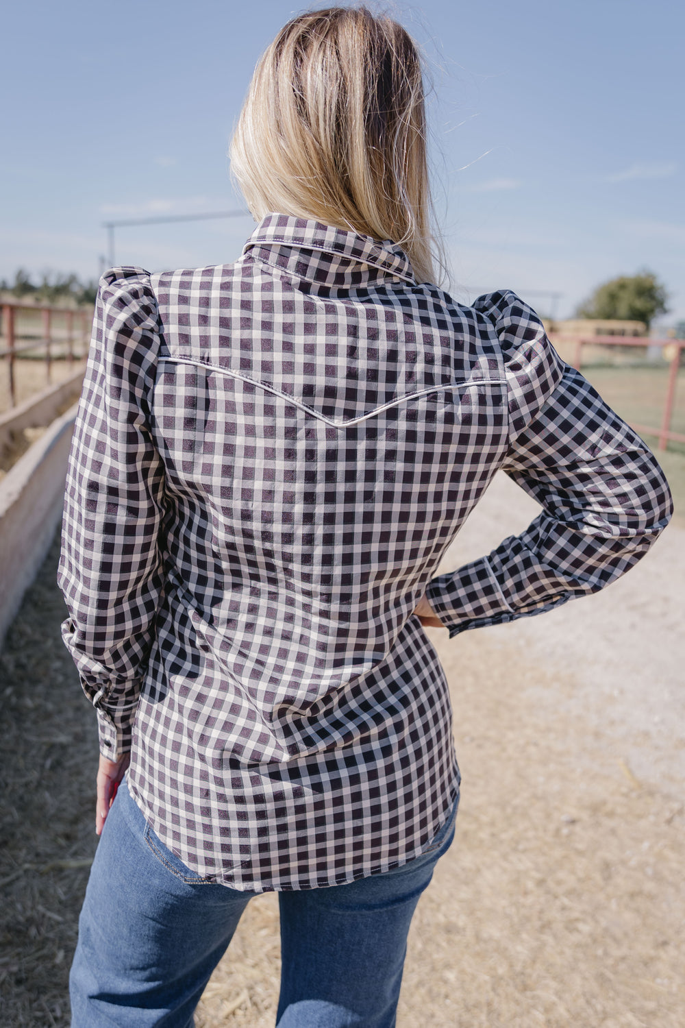 Black Gingham Puff Sleeve Pearl Snap